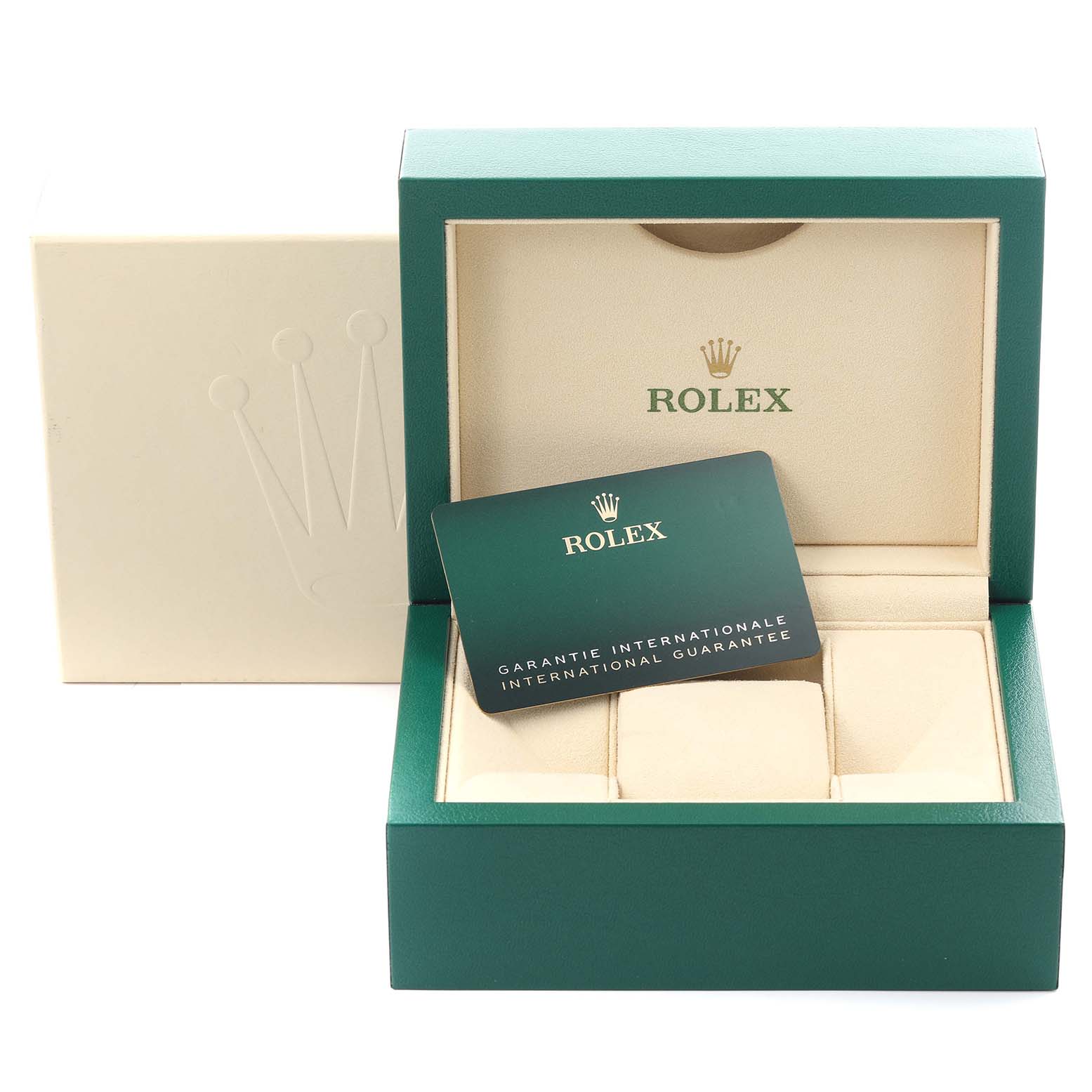 The image shows a Rolex Daytona 116500LN Men's Stainless Steel Black Dial 116500LN Men's Stainless Steel Black Dial watch box, open with a guarantee card, viewed from a direct frontal angle.