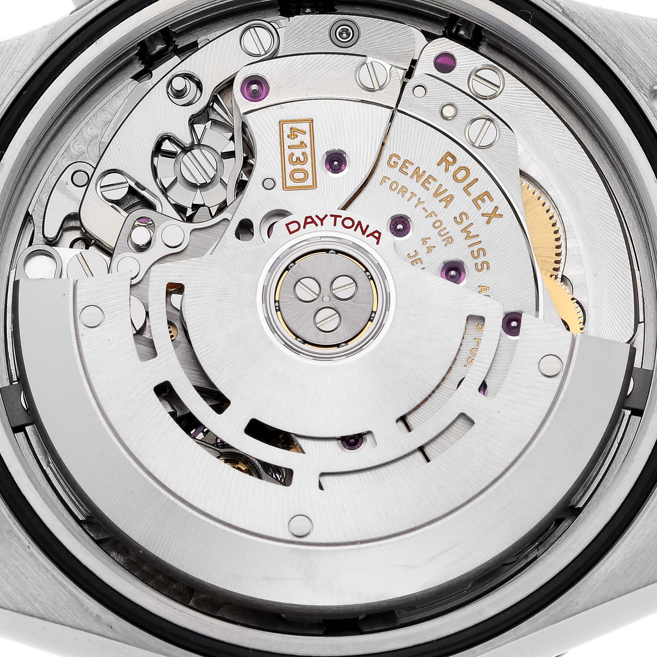 The image shows the movement mechanism of a Rolex Daytona 116500LN Men's Stainless Steel Black Dial 116500LN Men's Stainless Steel Black Dial watch from a direct overhead angle.