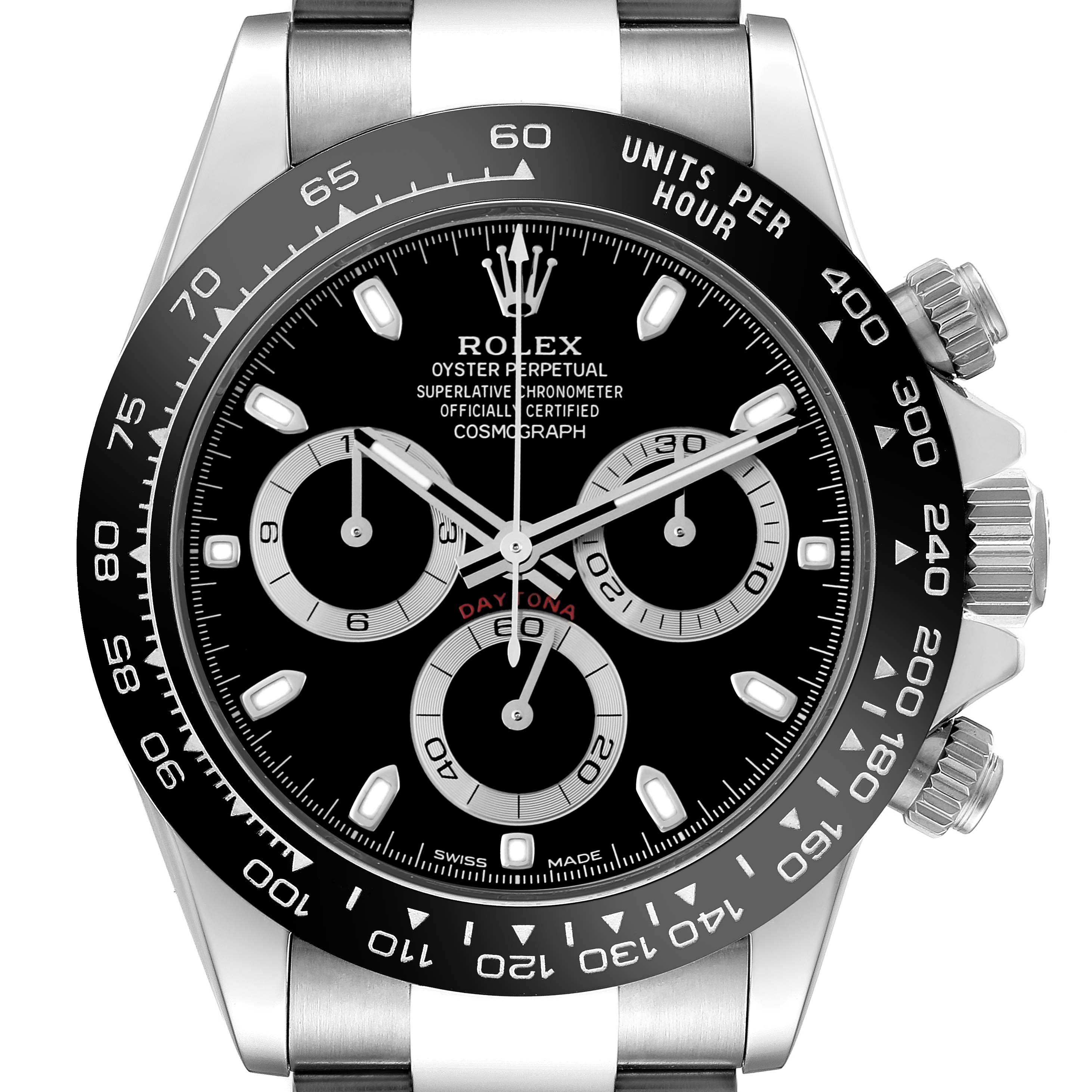 The image shows a frontal view of the Rolex Daytona 116500LN Men's Stainless Steel Black Dial 116500LN Men's Stainless Steel Black Dial watch, highlighting the black dial, bezel, and chronograph features.