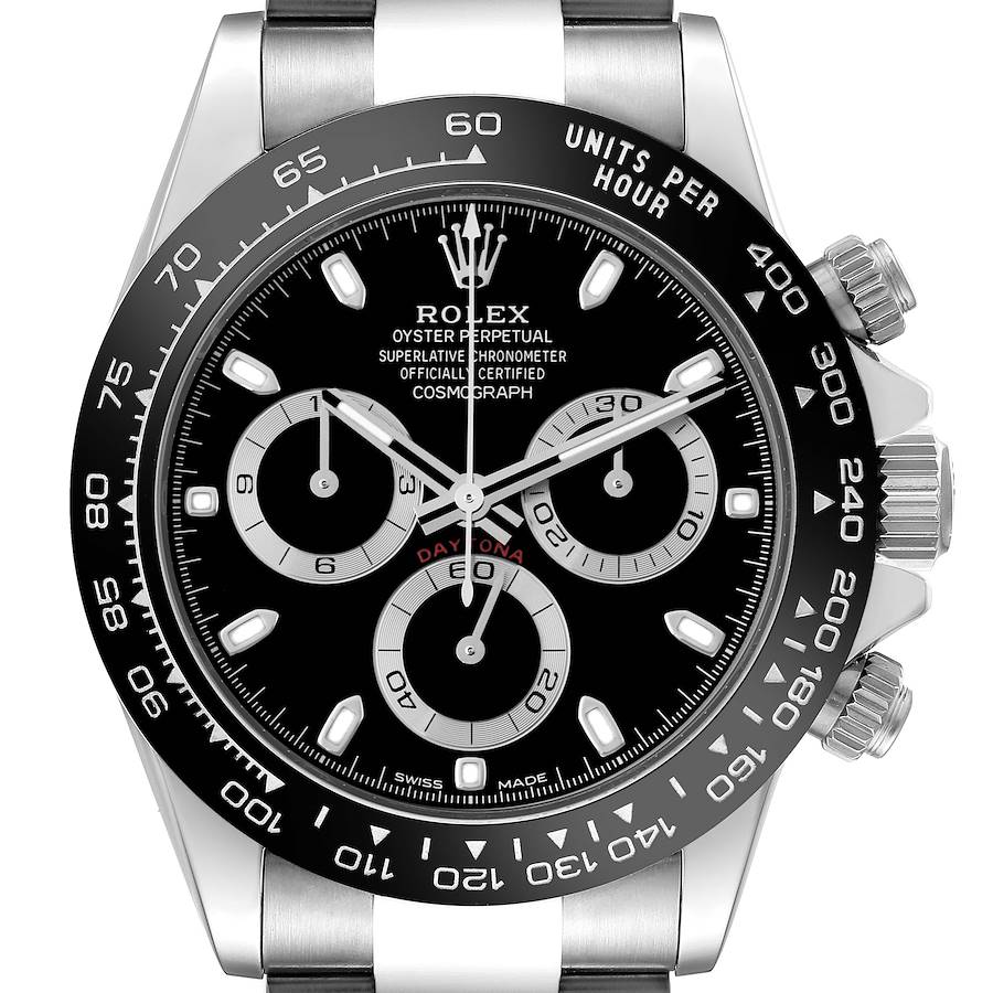 The image shows a frontal view of the Rolex Daytona watch, highlighting the black dial, bezel, and chronograph features.