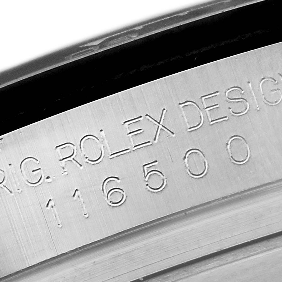 The image shows a close-up of the engravings on the bezel of a Rolex Daytona 116500LN Men's Stainless Steel Black Dial 116500LN Men's Stainless Steel Black Dial watch, displaying the model number.