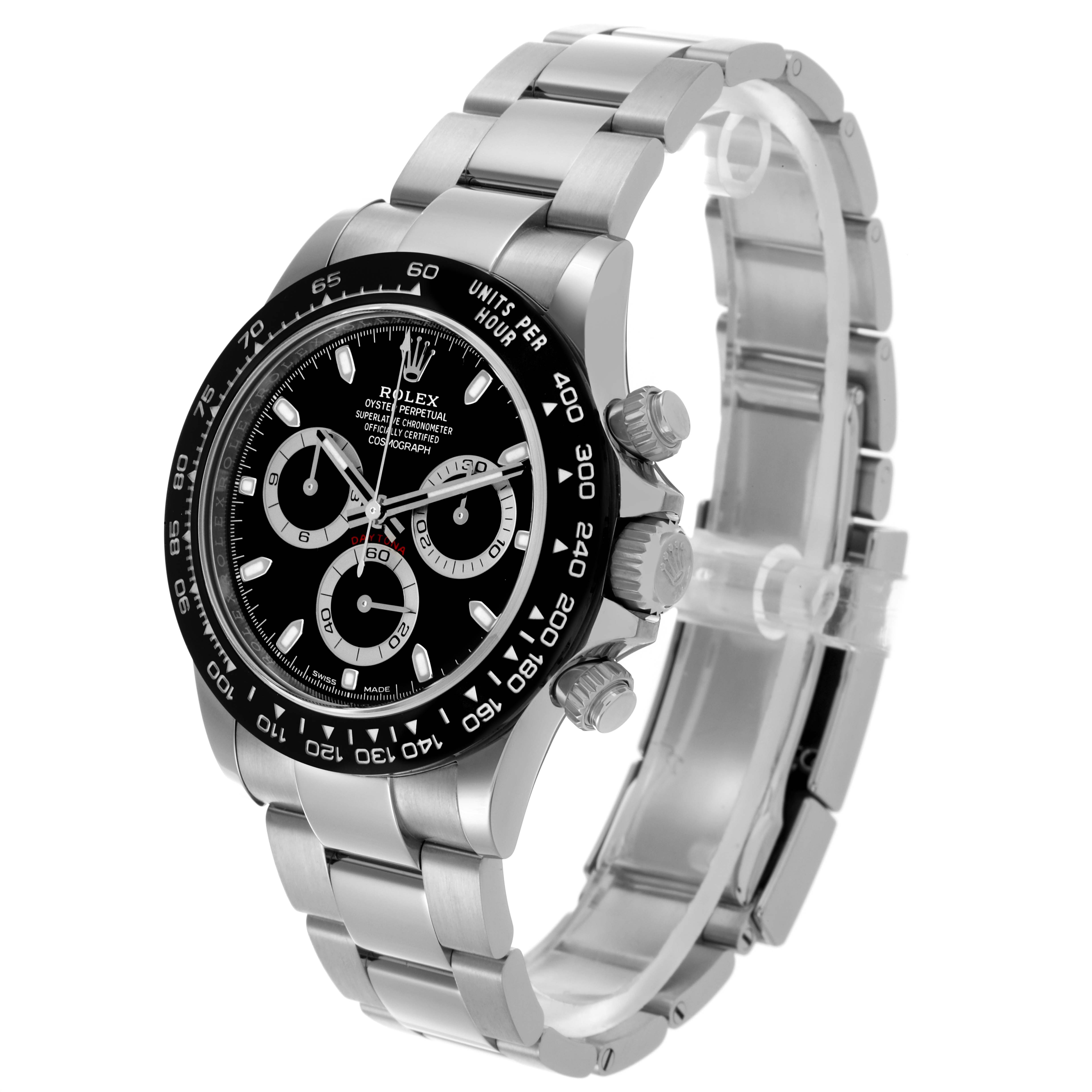 The Rolex Daytona 116500LN Men's Stainless Steel Black Dial 116500LN Men's Stainless Steel Black Dial is shown at a slight angle, highlighting the face, bezel, chronograph buttons, and stainless steel bracelet.