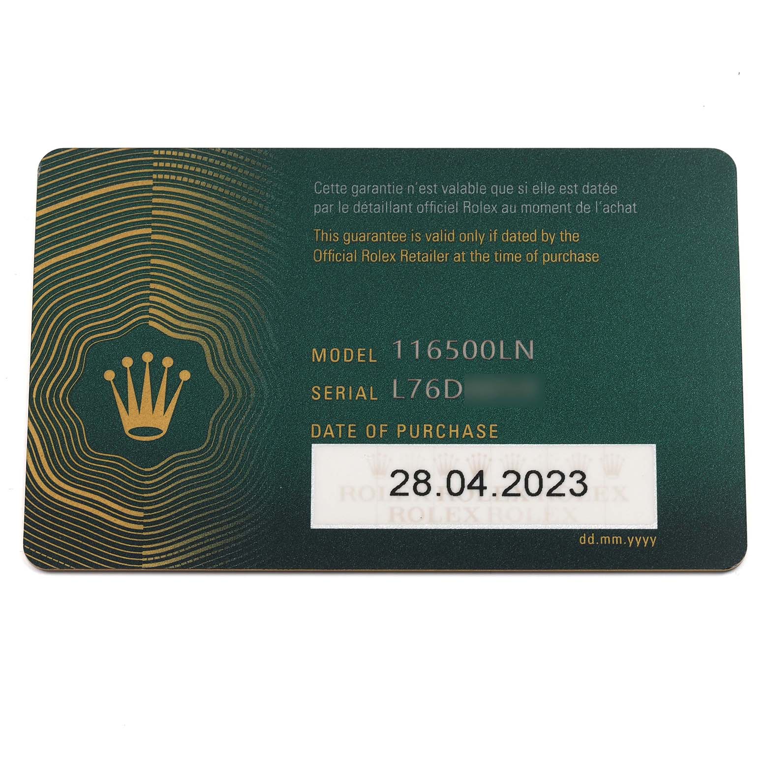 This image shows a warranty card for the Rolex Daytona 116500LN Men's Stainless Steel Black Dial 116500LN Men's Stainless Steel Black Dial model 116500LN.