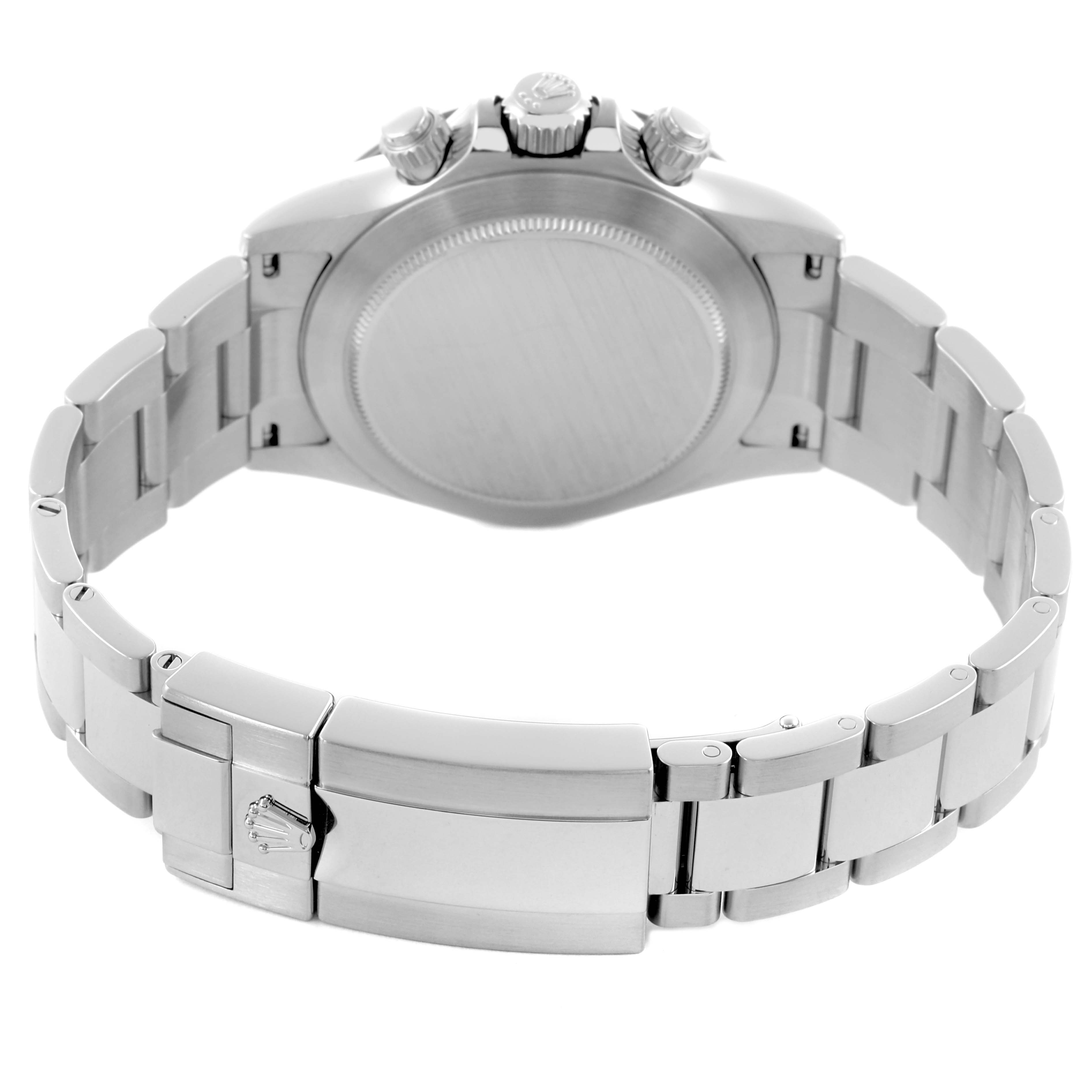 The image shows the back and clasp of a Rolex Daytona 116500LN Men's Stainless Steel Black Dial 116500LN Men's Stainless Steel Black Dial, highlighting the bracelet and case back.