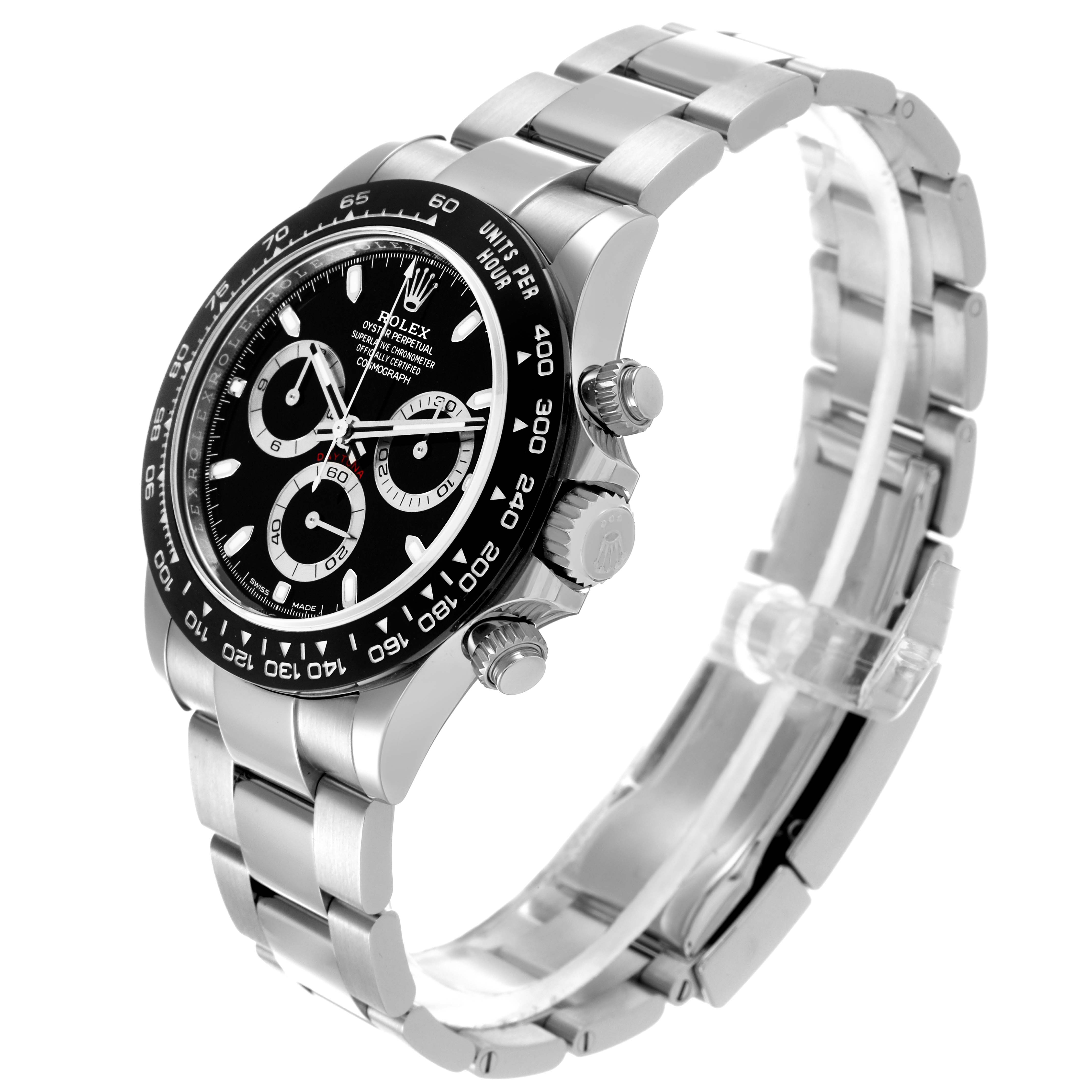 The Rolex Daytona 116500 Men's Stainless Steel Black Dial 116500 Men's Stainless Steel Black Dial watch is shown from a front-side angle, highlighting its face, bezel, crown, and bracelet.
