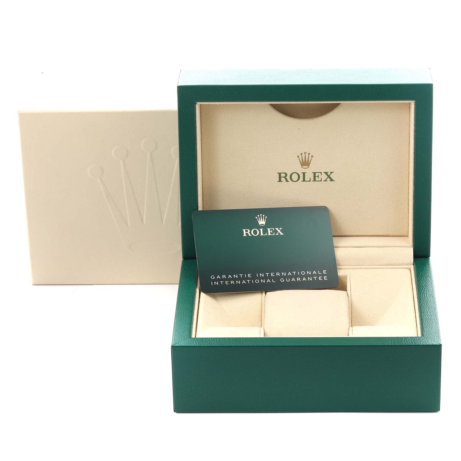 The image shows a Rolex Daytona 116500 Men's Stainless Steel Black Dial 116500 Men's Stainless Steel Black Dial watch box with an international guarantee card displayed inside.