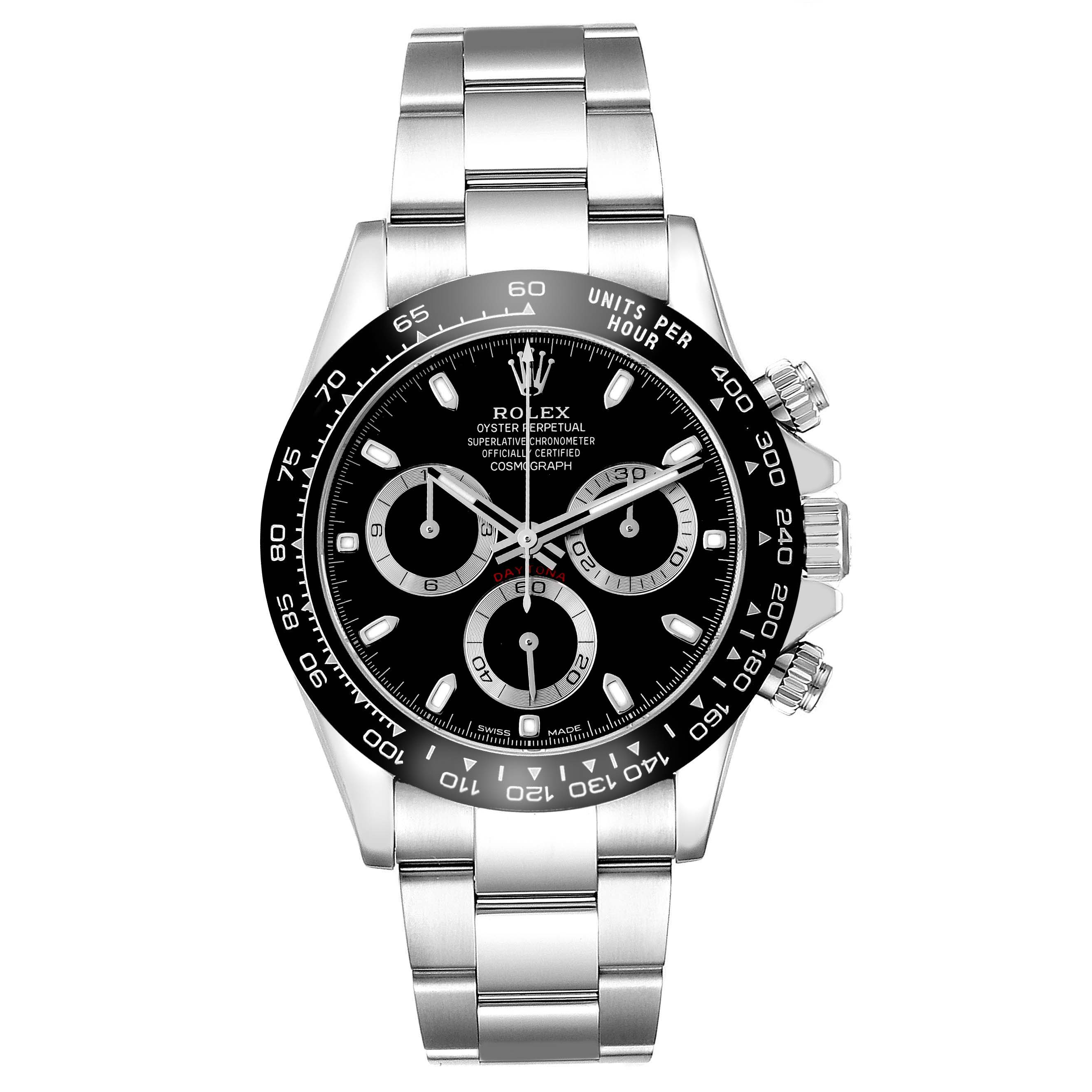 The Rolex Daytona 116500 Men's Stainless Steel Black Dial 116500 Men's Stainless Steel Black Dial watch is shown from the front, displaying its face, bezel, pushers, crown, and bracelet.