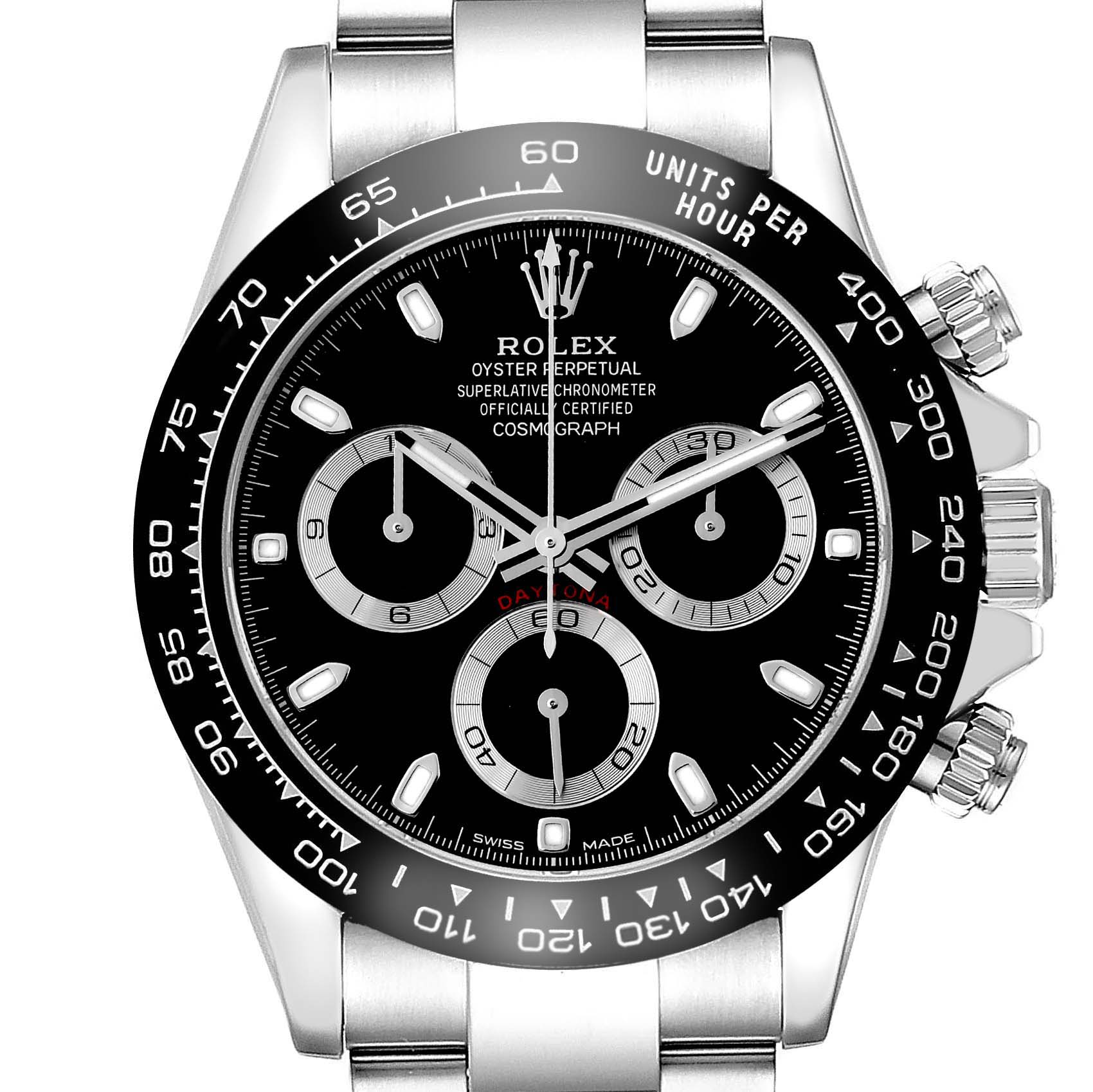 The image shows a front view of the Rolex Daytona 116500 Men's Stainless Steel Black Dial 116500 Men's Stainless Steel Black Dial watch, highlighting its black dial, subdials, bezel, and crown.