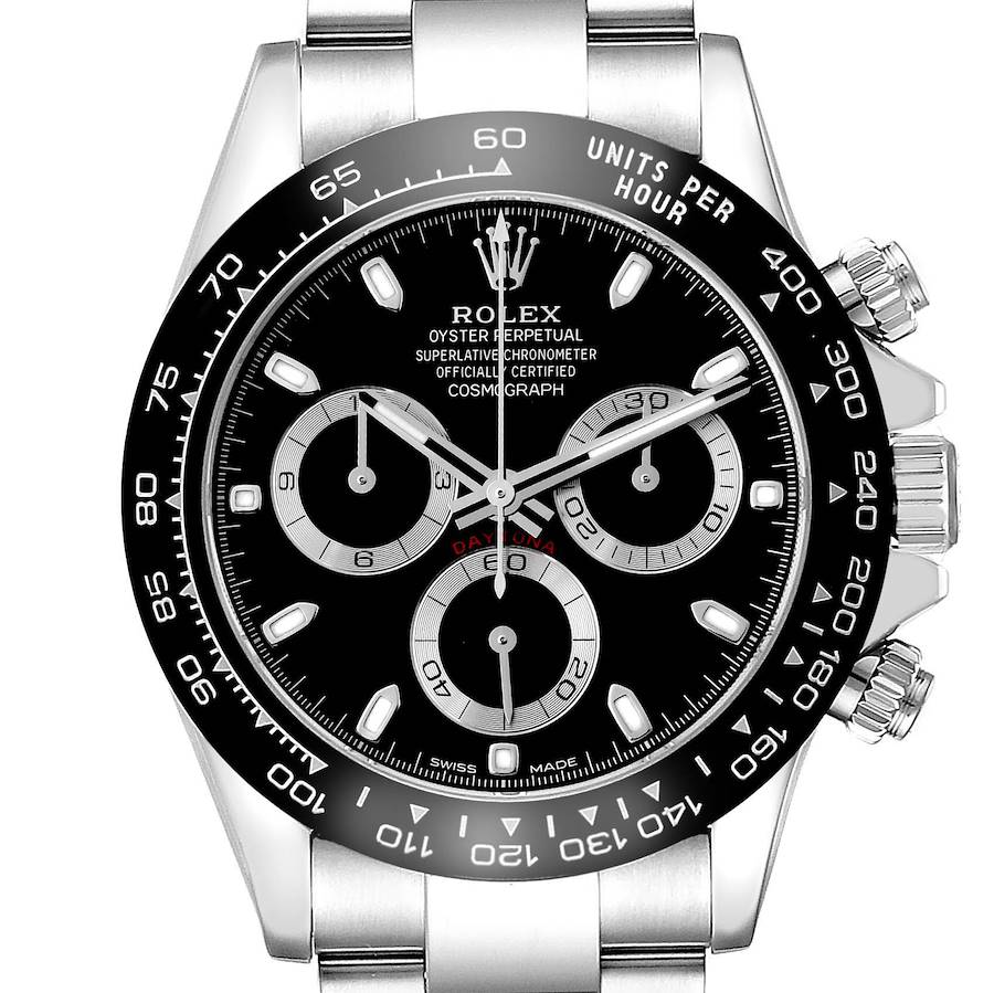 The image shows a front view of the Rolex Daytona watch, highlighting its black dial, subdials, bezel, and crown.