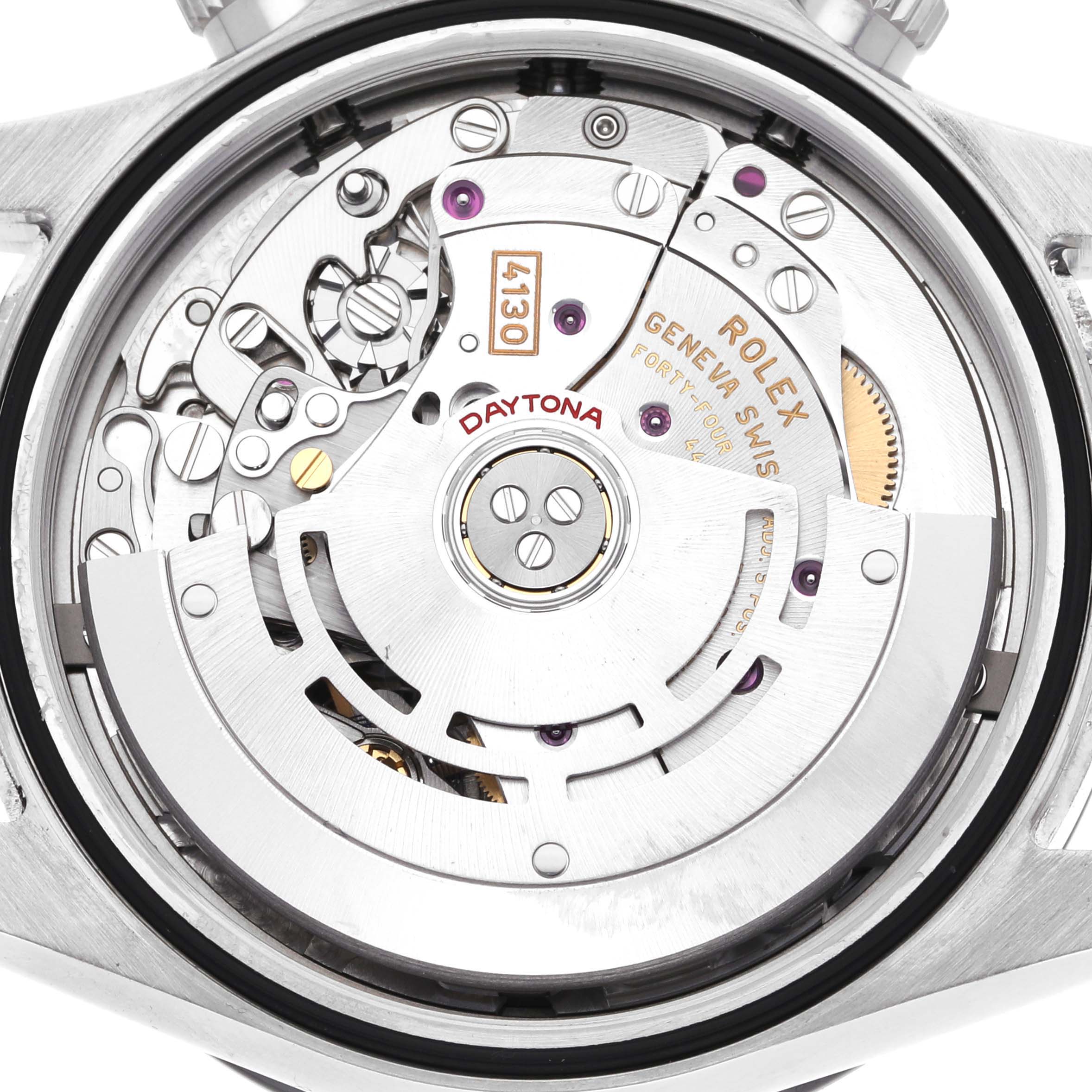 The image shows the intricate movement and inner mechanics of the Rolex Daytona 116500 Men's Stainless Steel Black Dial 116500 Men's Stainless Steel Black Dial watch from a back view.