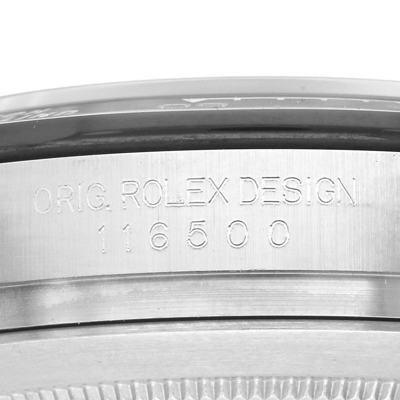 The image shows a close-up of the side of a Rolex Daytona 116500 Men's Stainless Steel Black Dial 116500 Men's Stainless Steel Black Dial, highlighting the engraved model number "116500."