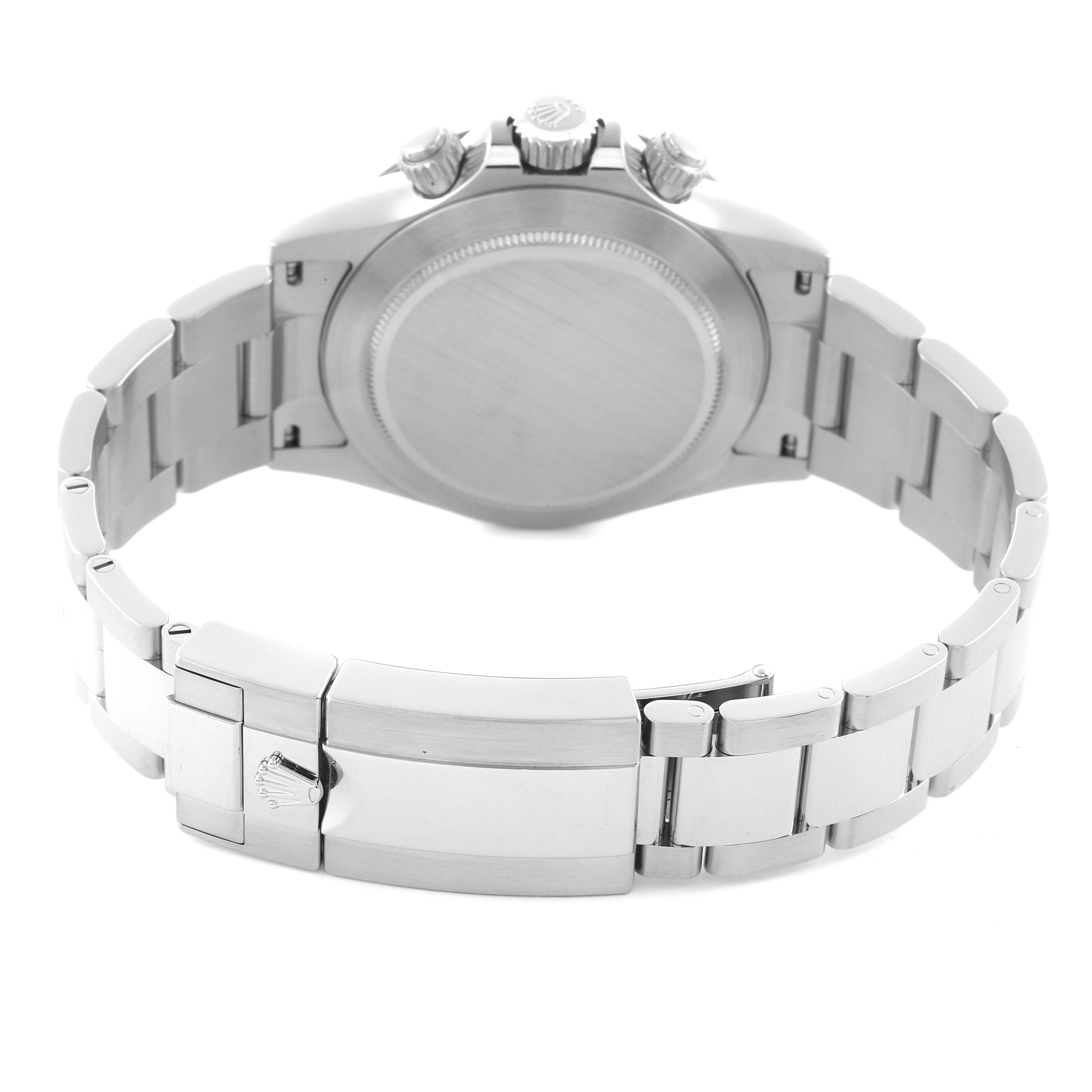 The Rolex Daytona 116500 Men's Stainless Steel Black Dial 116500 Men's Stainless Steel Black Dial watch is shown from the back, highlighting the bracelet and clasp.