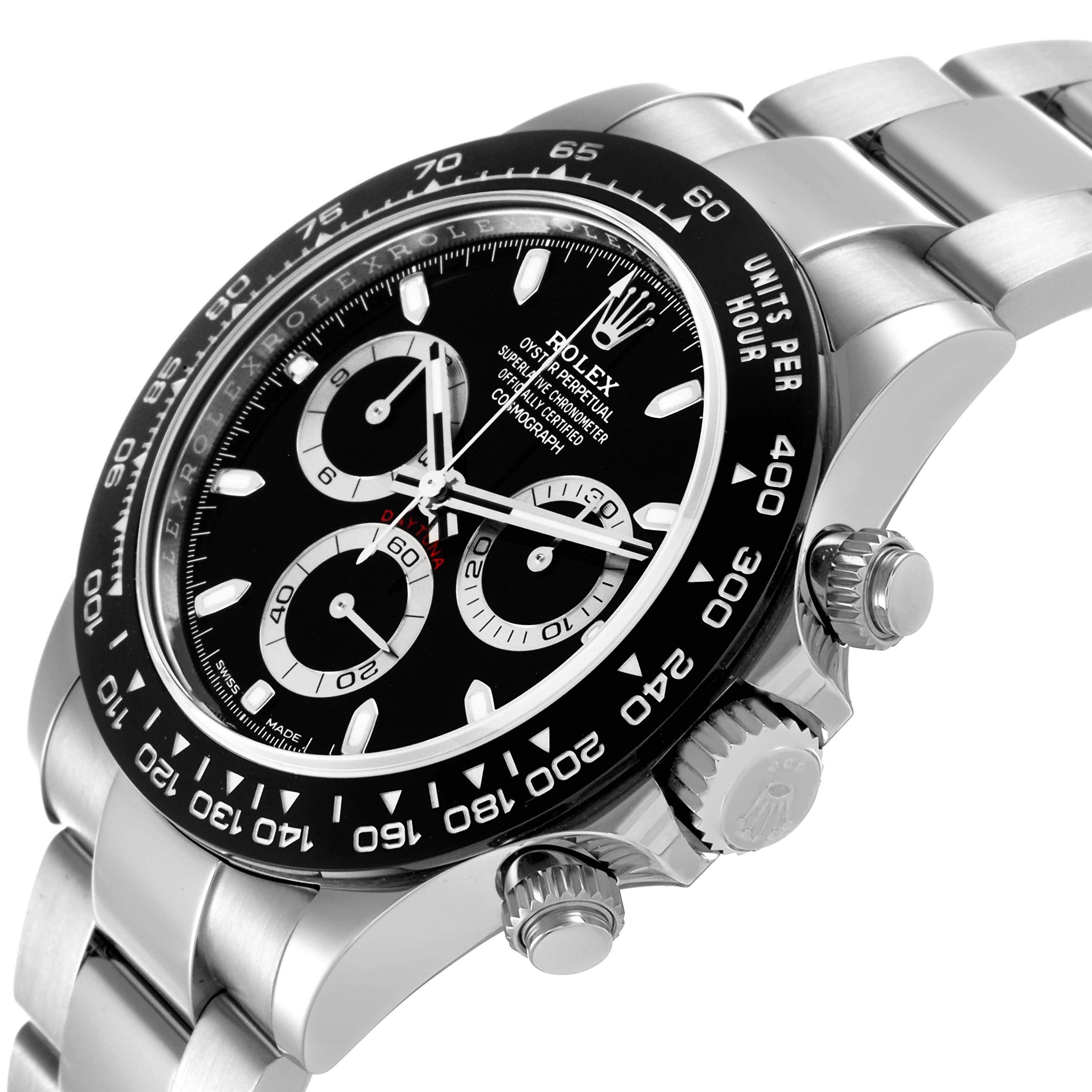 The Rolex Daytona 116500 Men's Stainless Steel Black Dial 116500 Men's Stainless Steel Black Dial watch is shown at a side angle, highlighting the bezel, crown, and part of the bracelet.