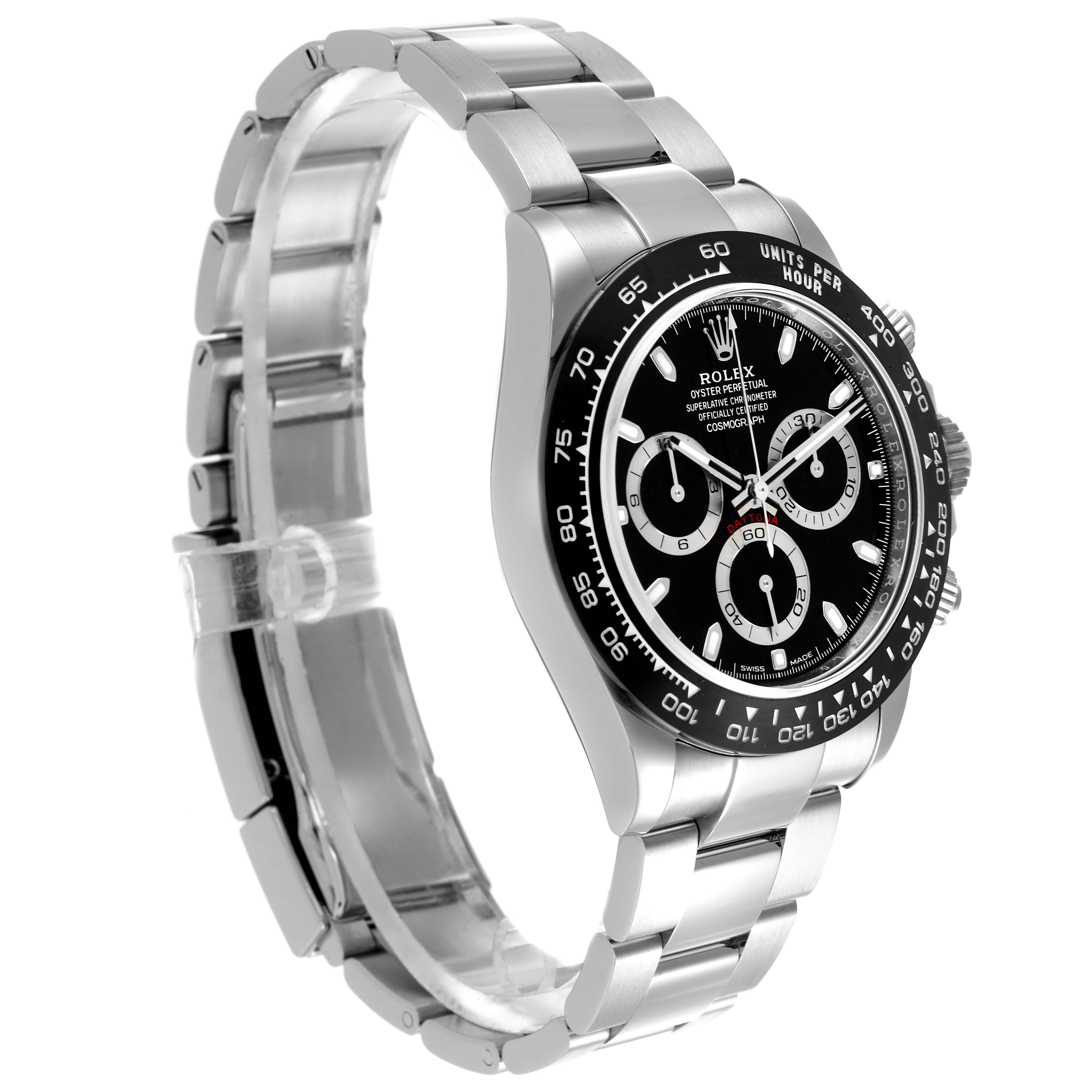 The Rolex Daytona 116500 Men's Stainless Steel Black Dial 116500 Men's Stainless Steel Black Dial watch is shown at an angled side view, highlighting the bracelet, bezel, and chronograph dials.