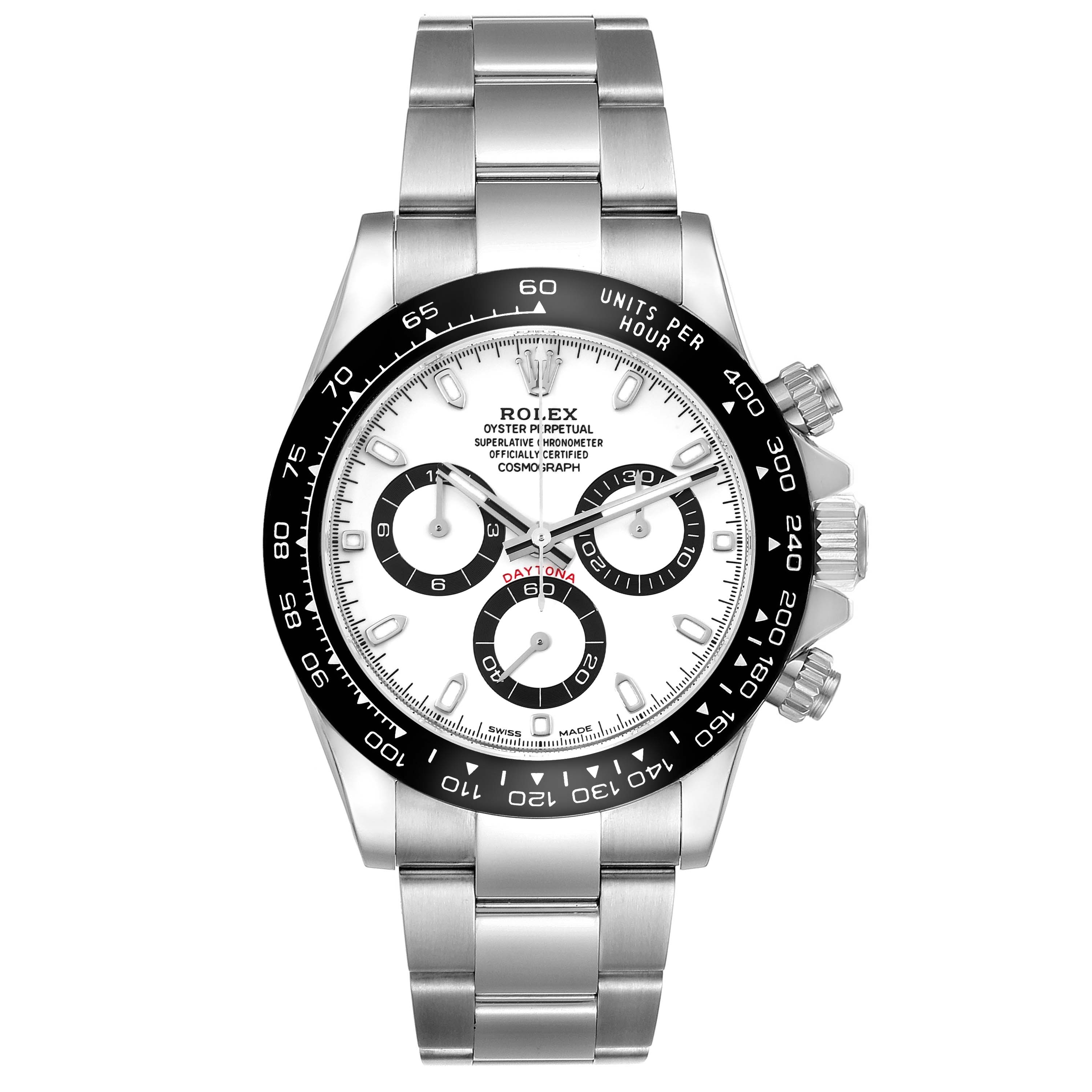 This image shows a front view of the Rolex Daytona 116500 Men's Stainless Steel White Dial 116500 Men's Stainless Steel White Dial watch, highlighting its bracelet, dial, subdials, and bezel.