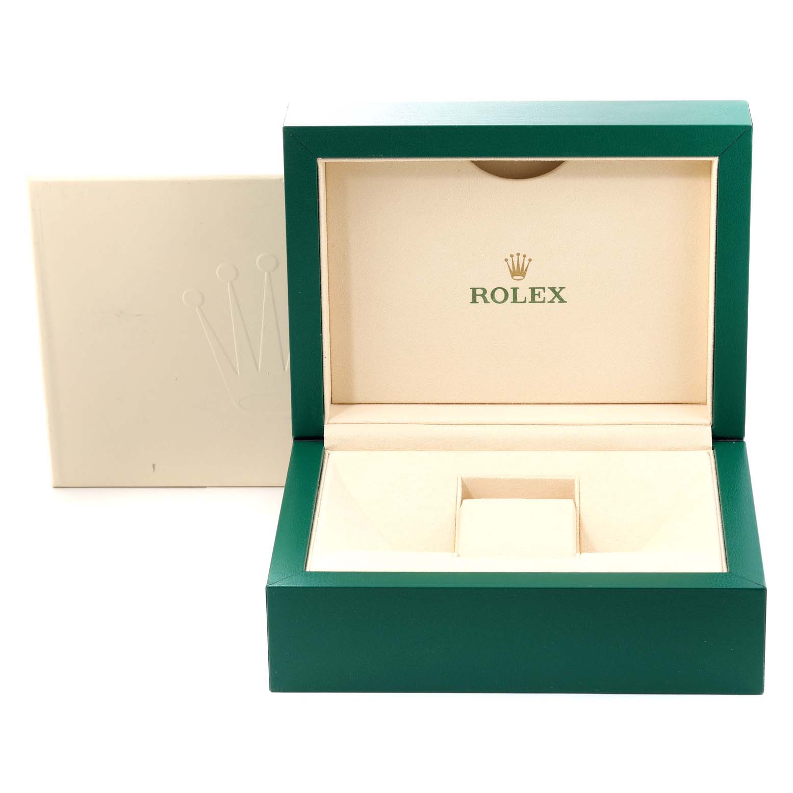 The image shows an empty green Rolex box designed for the Daytona model, seen from a front angle with the lid open.