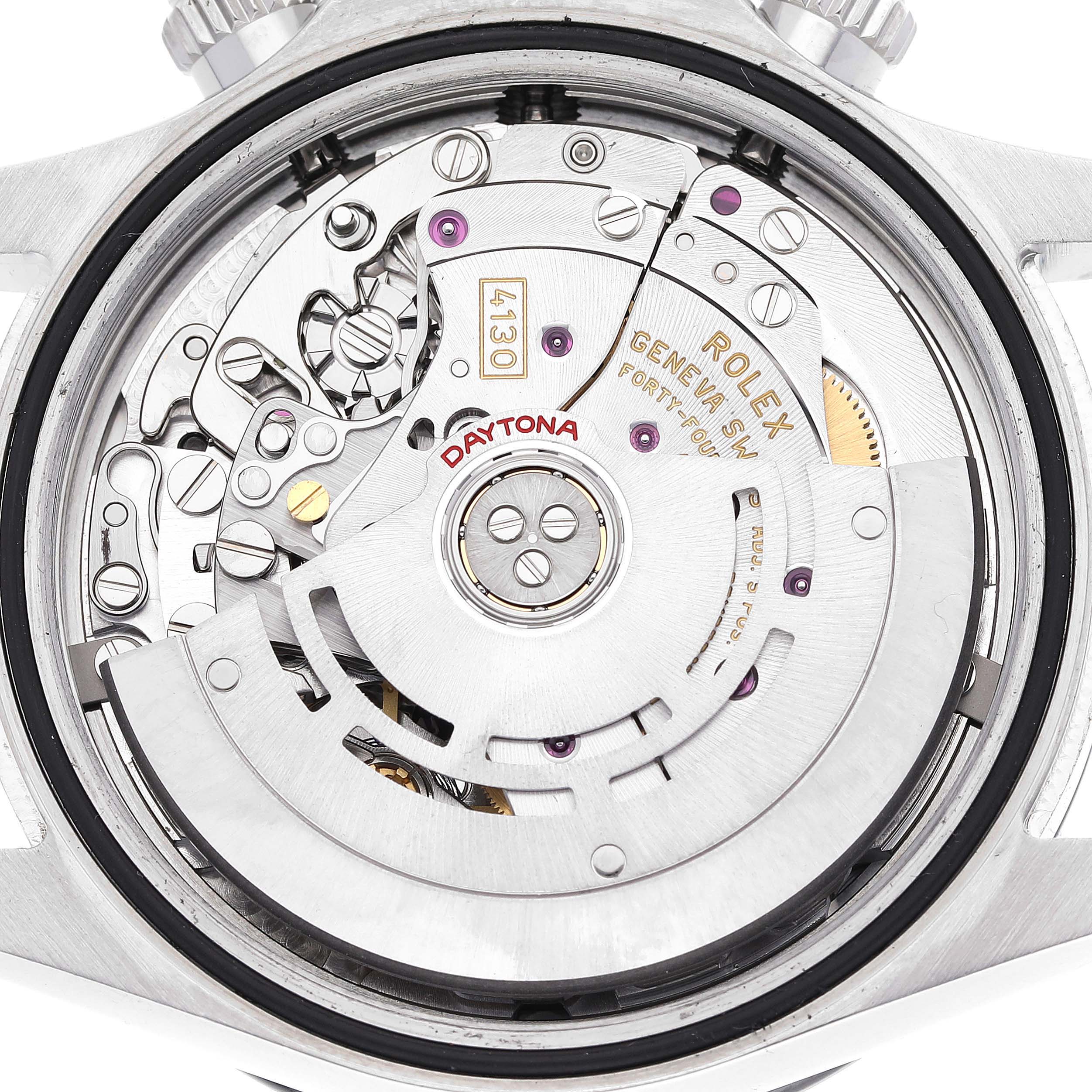 This image shows the rear view of the Rolex Daytona 116500 Men's Stainless Steel White Dial 116500 Men's Stainless Steel White Dial watch's movement and mechanical components.