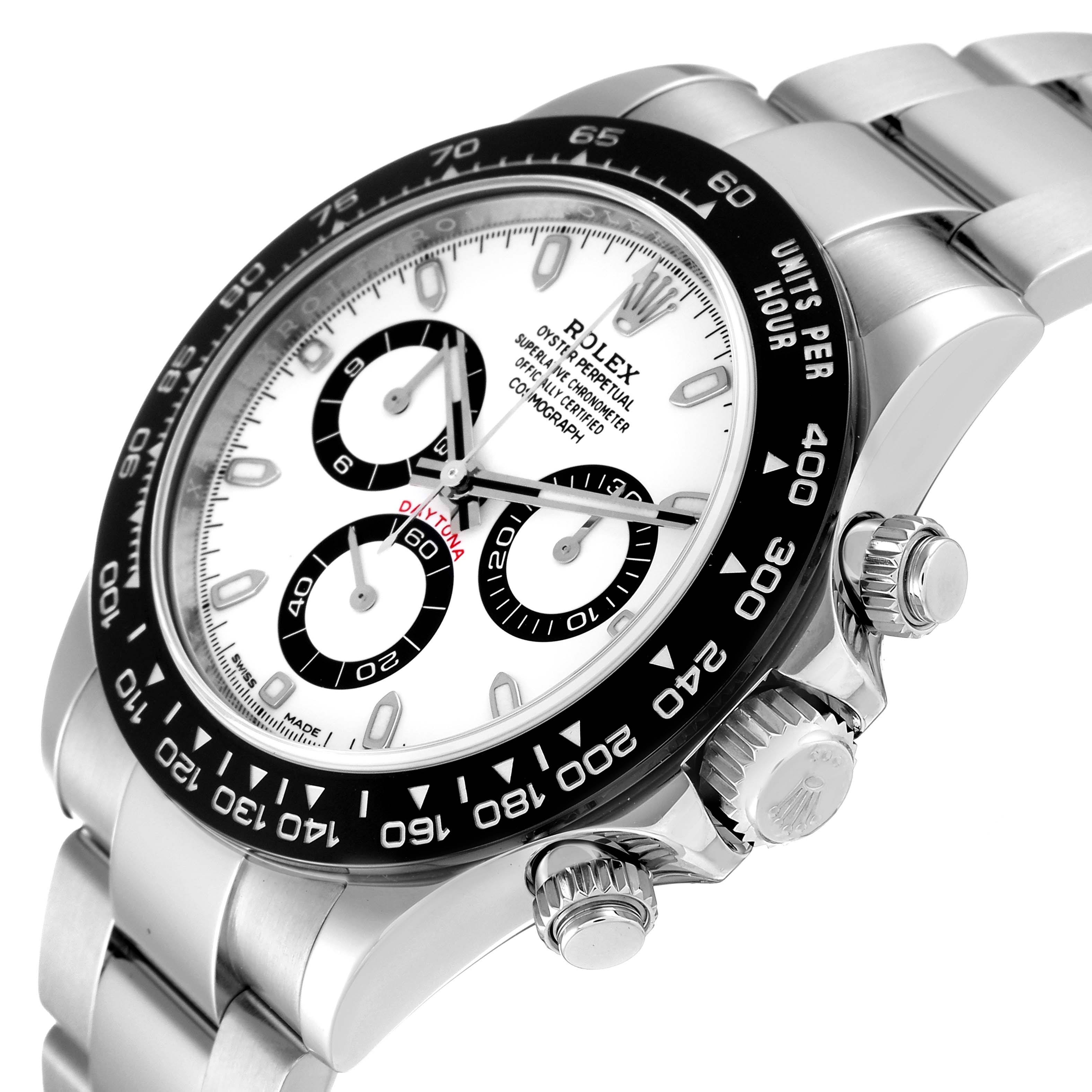 This image shows a Rolex Daytona 116500 Men's Stainless Steel White Dial 116500 Men's Stainless Steel White Dial watch from an angled side view, highlighting its bezel, dial, pushers, and bracelet.