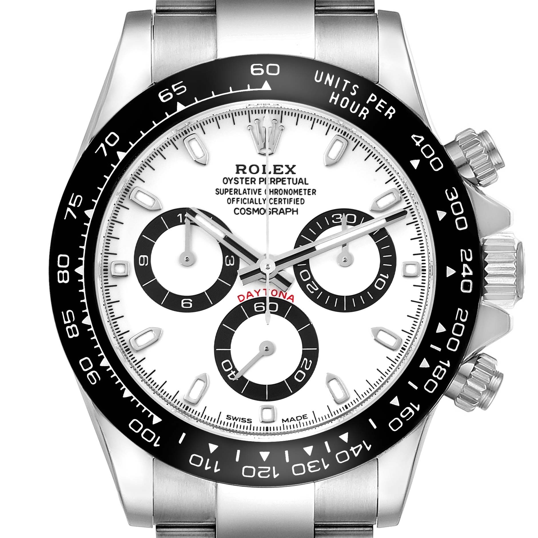 The image shows a front view of the Rolex Daytona 116500 Men's Stainless Steel White Dial 116500 Men's Stainless Steel White Dial watch, highlighting the dial with three sub-dials and bezel with tachymeter scale.