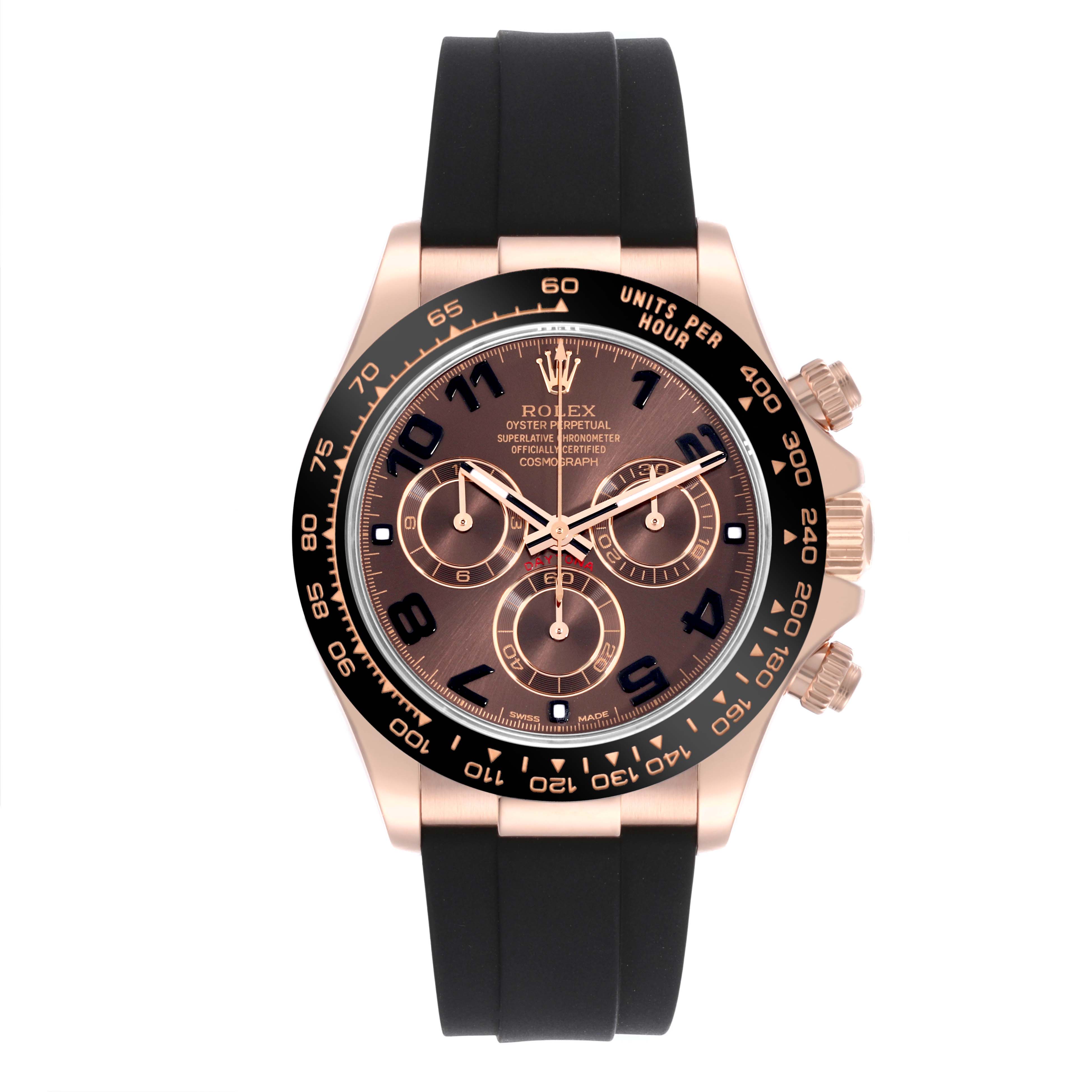 The Rolex Daytona 116515LN Men
s Rose Gold Brown Dial 116515LN Men
s Rose Gold Brown Dial watch is shown from the front, displaying its face, bezel, and strap clearly.