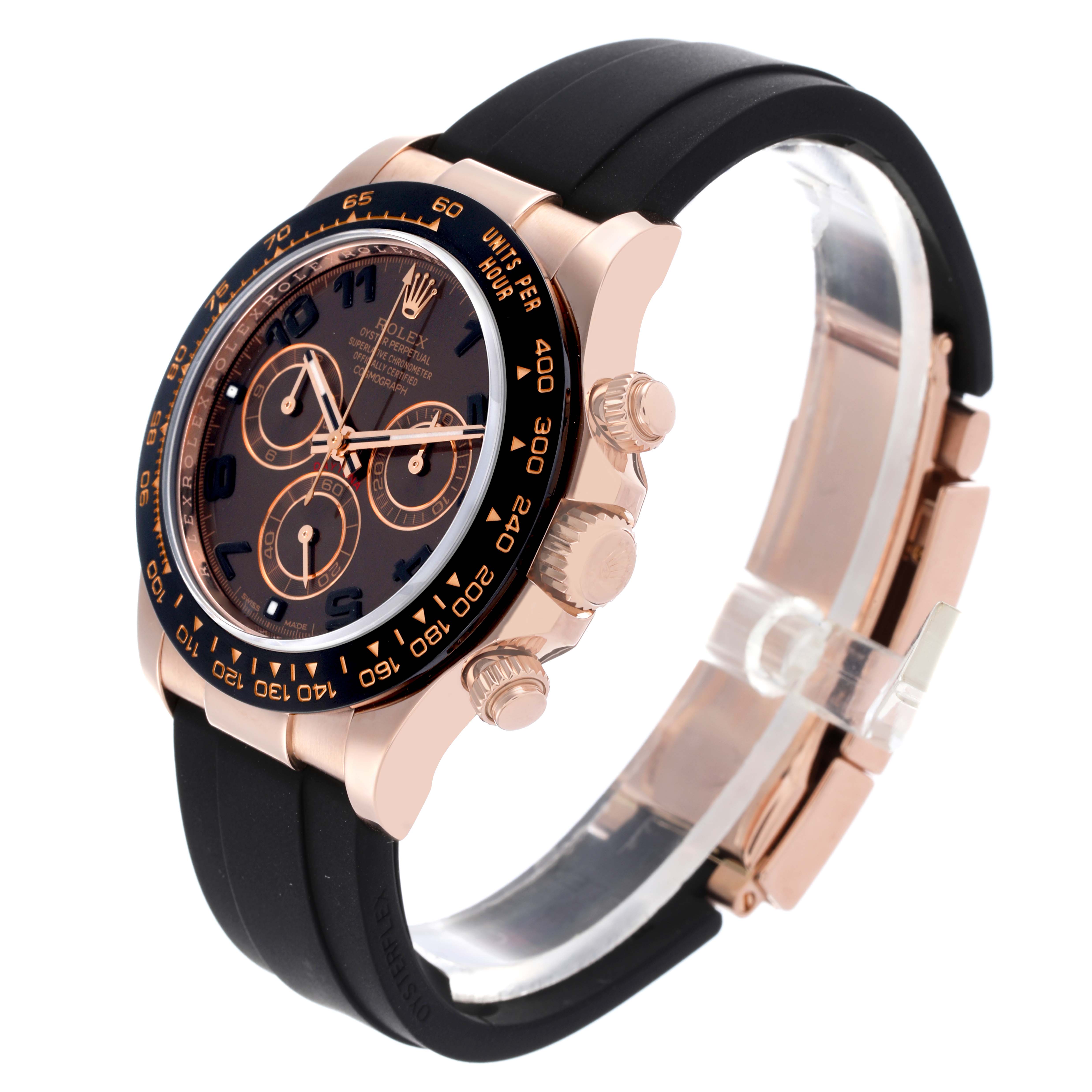 The image shows a Rolex Daytona 116515LN Men
s Rose Gold Brown Dial 116515LN Men
s Rose Gold Brown Dial watch at a slight side angle, highlighting the bezel, dial, pushers, crown, and black strap.