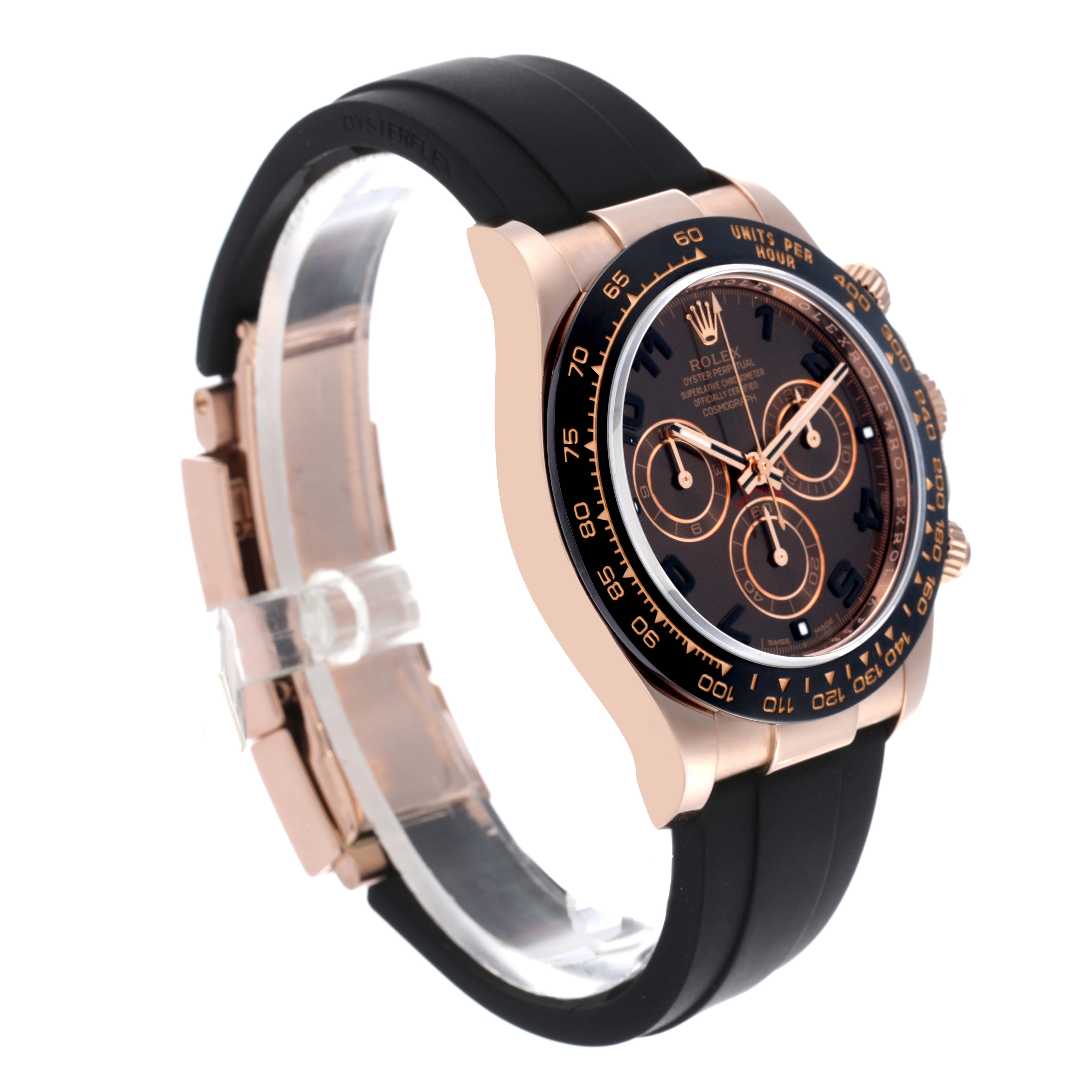 The Rolex Daytona 116515LN Men
s Rose Gold Brown Dial 116515LN Men
s Rose Gold Brown Dial watch is shown from a side angle, highlighting the case, bezel, dial, and part of the strap.