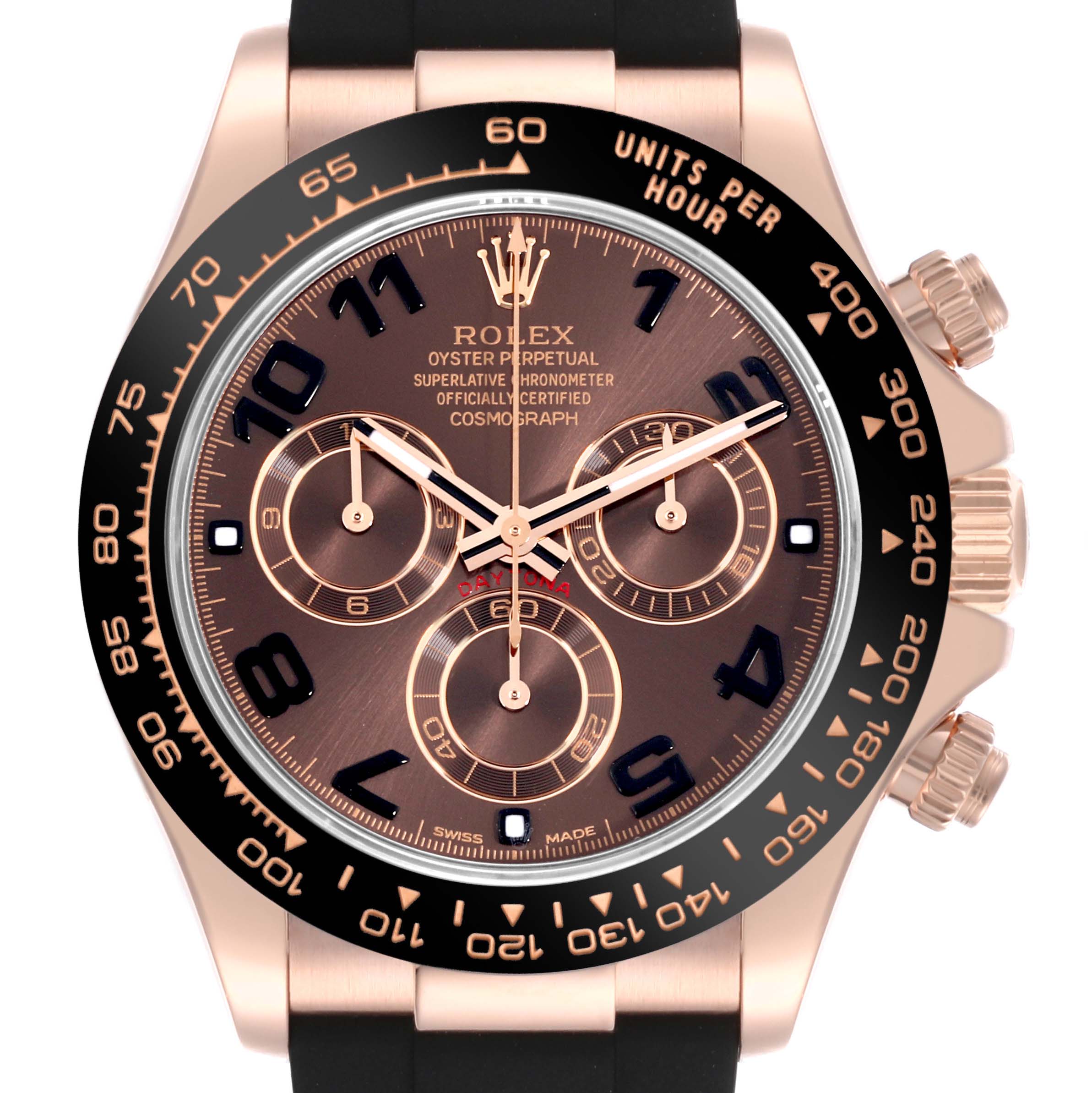The Rolex Daytona 116515LN Men
s Rose Gold Brown Dial 116515LN Men
s Rose Gold Brown Dial is shown from a front angle, displaying the dial, bezel, pushers, and crown.