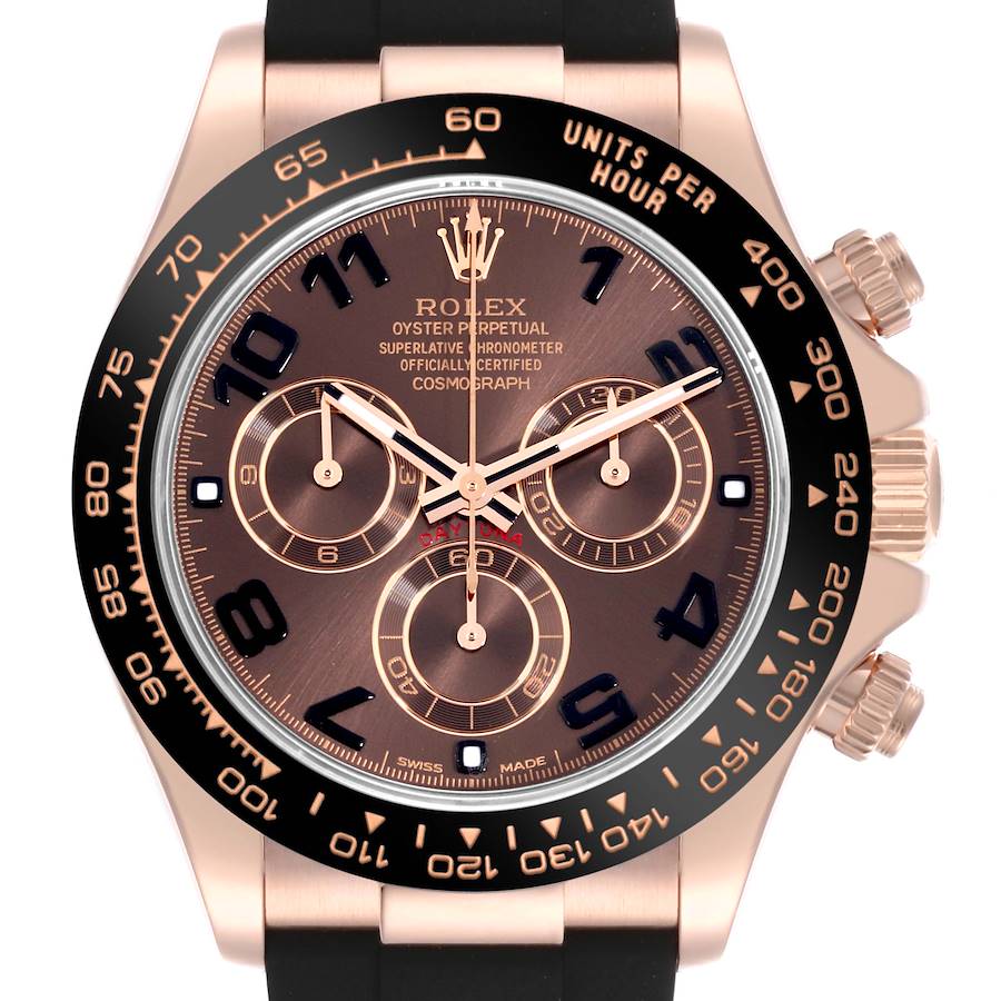 The Rolex Daytona is shown from a front angle, displaying the dial, bezel, pushers, and crown.