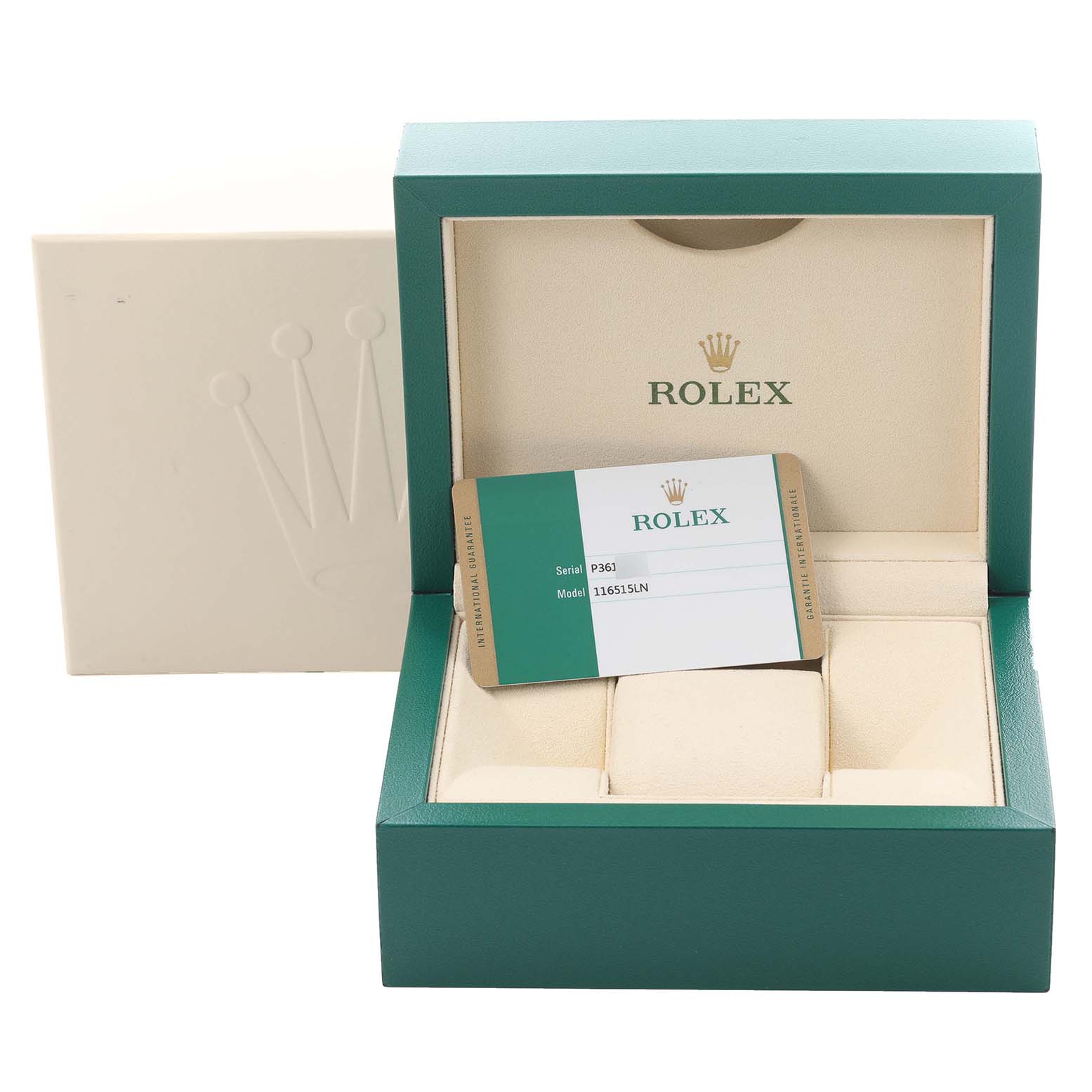 This image shows an open Rolex Daytona 116515LN Men
s Rose Gold Brown Dial 116515LN Men
s Rose Gold Brown Dial watch box with a warranty card on top.