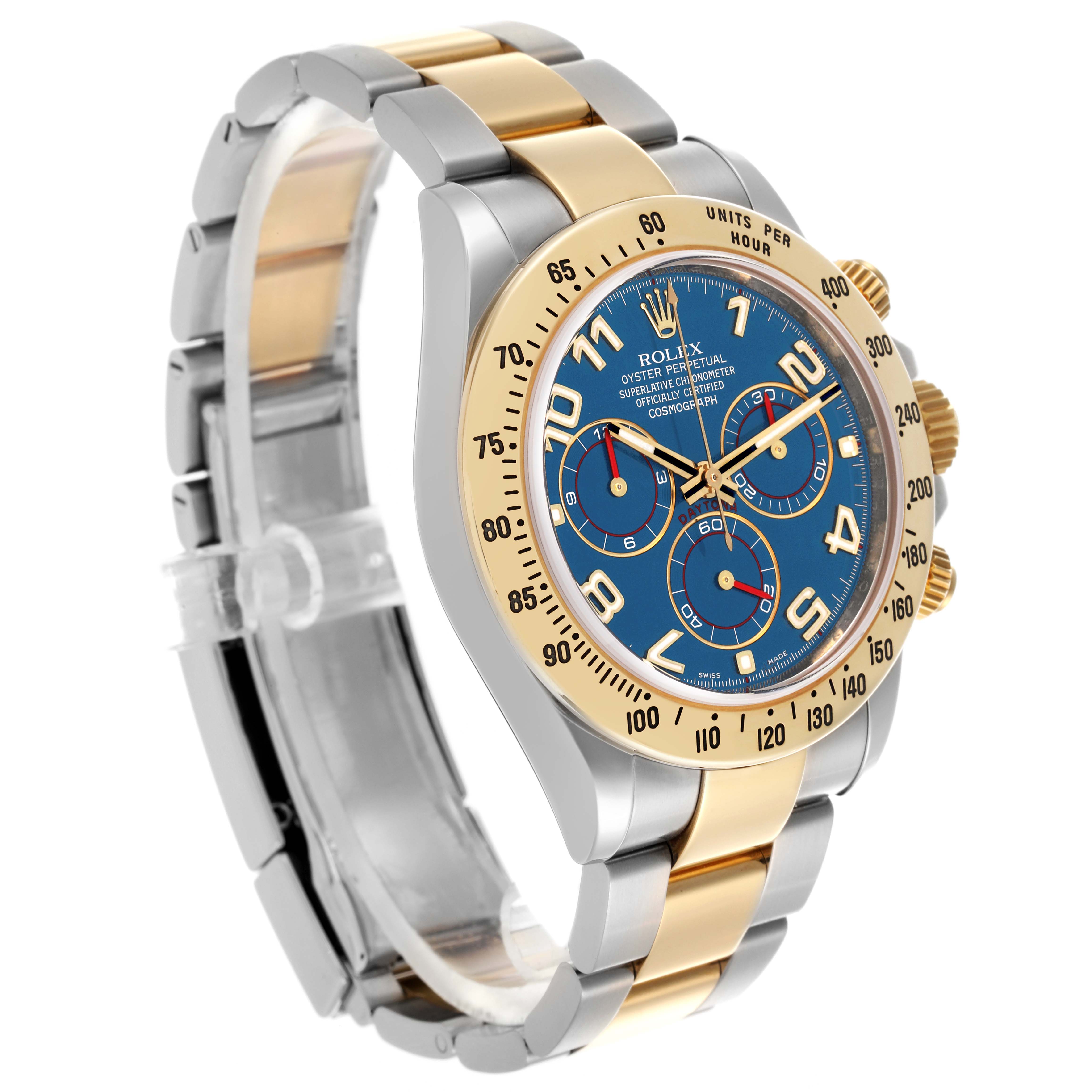 The Rolex Daytona 116523 Men's Steel and Gold (two tone) Blue Dial 116523 Men's Steel and Gold (two tone) Blue Dial watch is shown at a three-quarter angle, highlighting the face, case, crown, and bracelet.