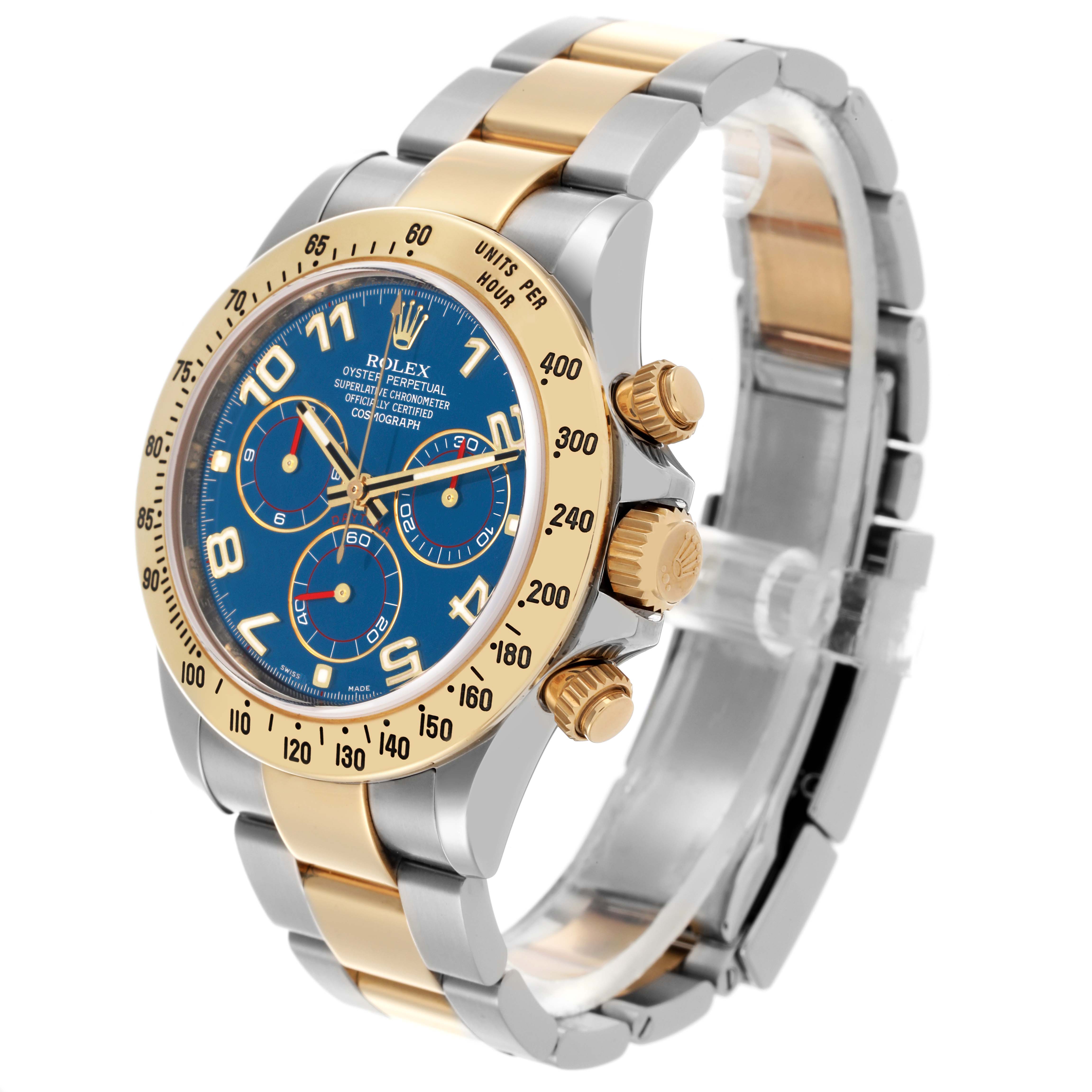 The Rolex Daytona 116523 Men's Steel and Gold (two tone) Blue Dial 116523 Men's Steel and Gold (two tone) Blue Dial watch is shown at a three-quarter angle, highlighting the bezel, dial, pushers, and bracelet.