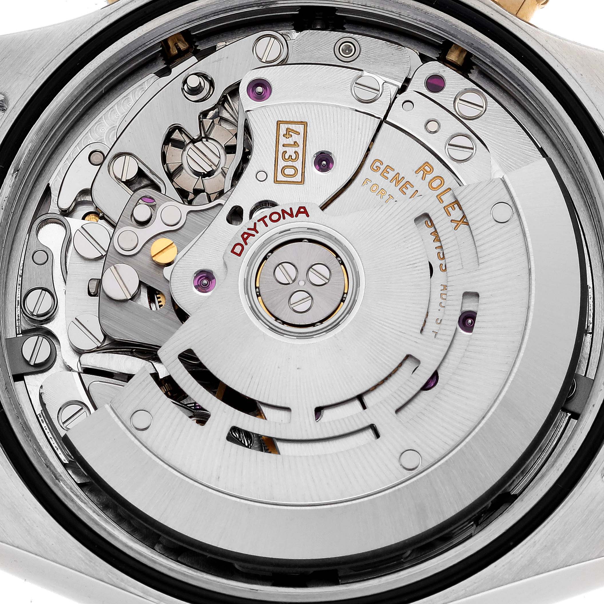 This image shows the movement mechanism of a Rolex Daytona 116523 Men's Steel and Gold (two tone) Blue Dial 116523 Men's Steel and Gold (two tone) Blue Dial watch from a rear, close-up angle.