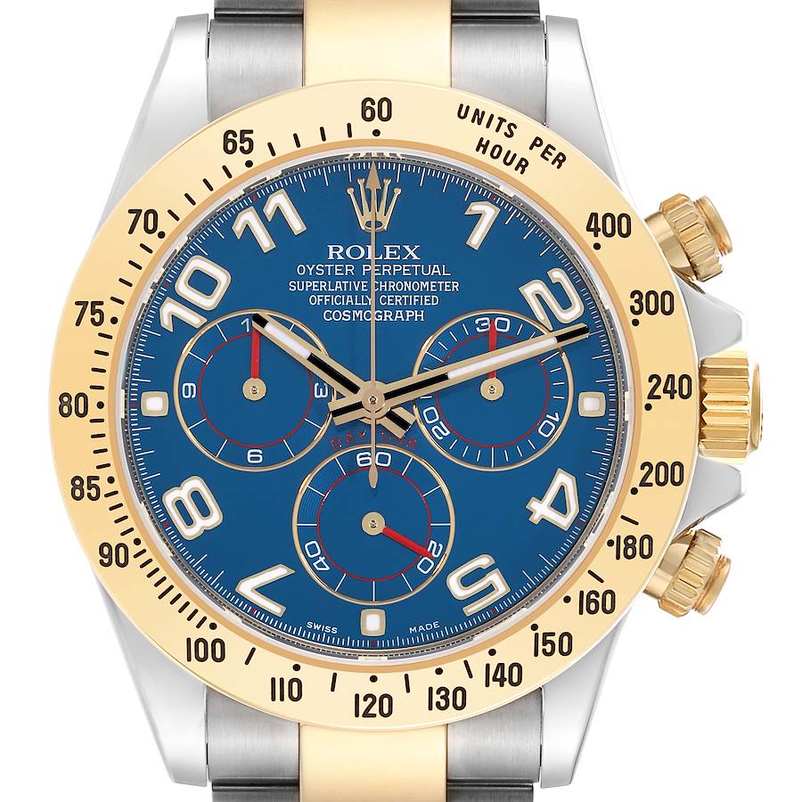 The Rolex Daytona watch is shown from the front, highlighting its blue dial, gold bezel, and chronograph sub-dials.