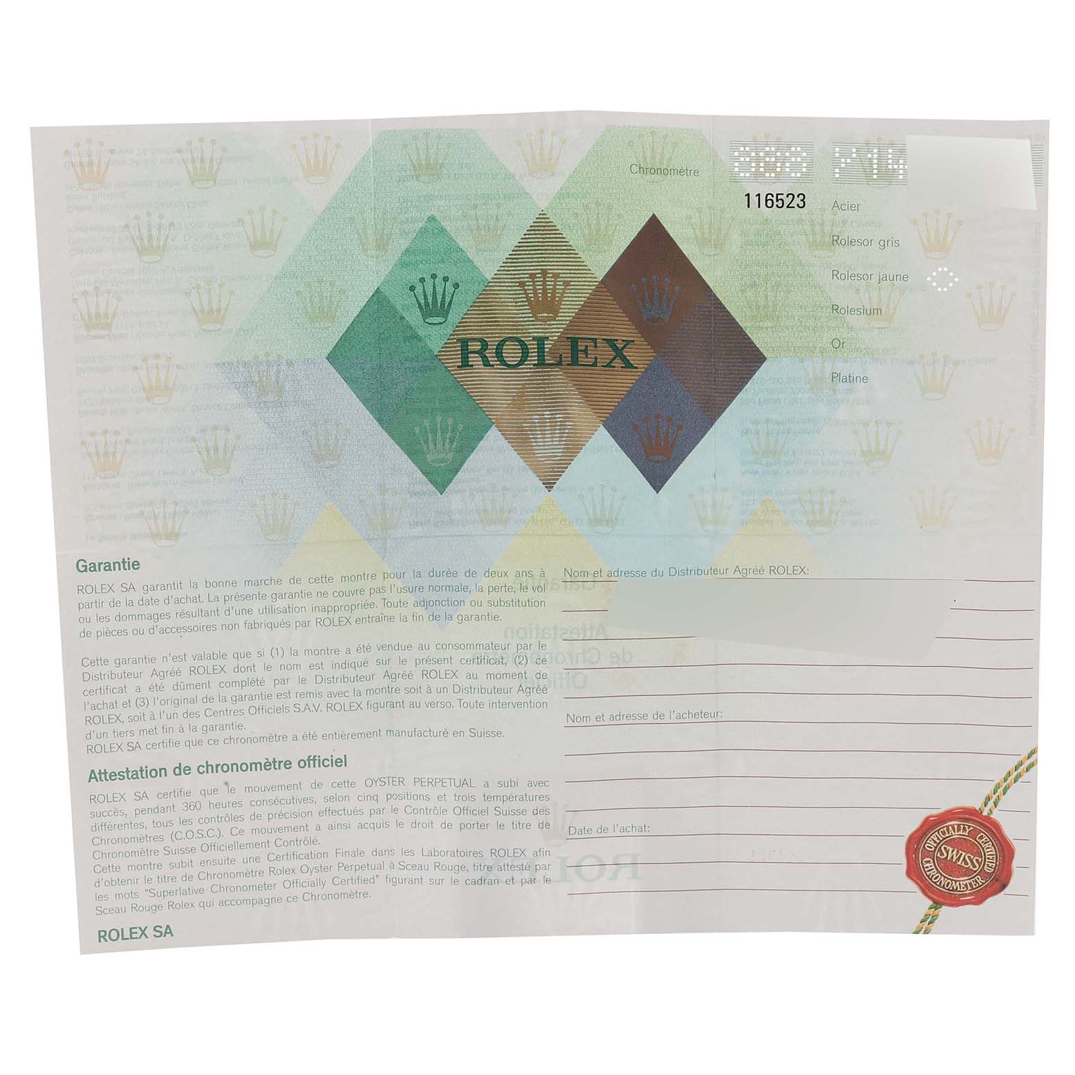 This image shows the warranty certificate for a Rolex Daytona 116523 Men's Steel and Gold (two tone) White Dial 116523 Men's Steel and Gold (two tone) White Dial watch.