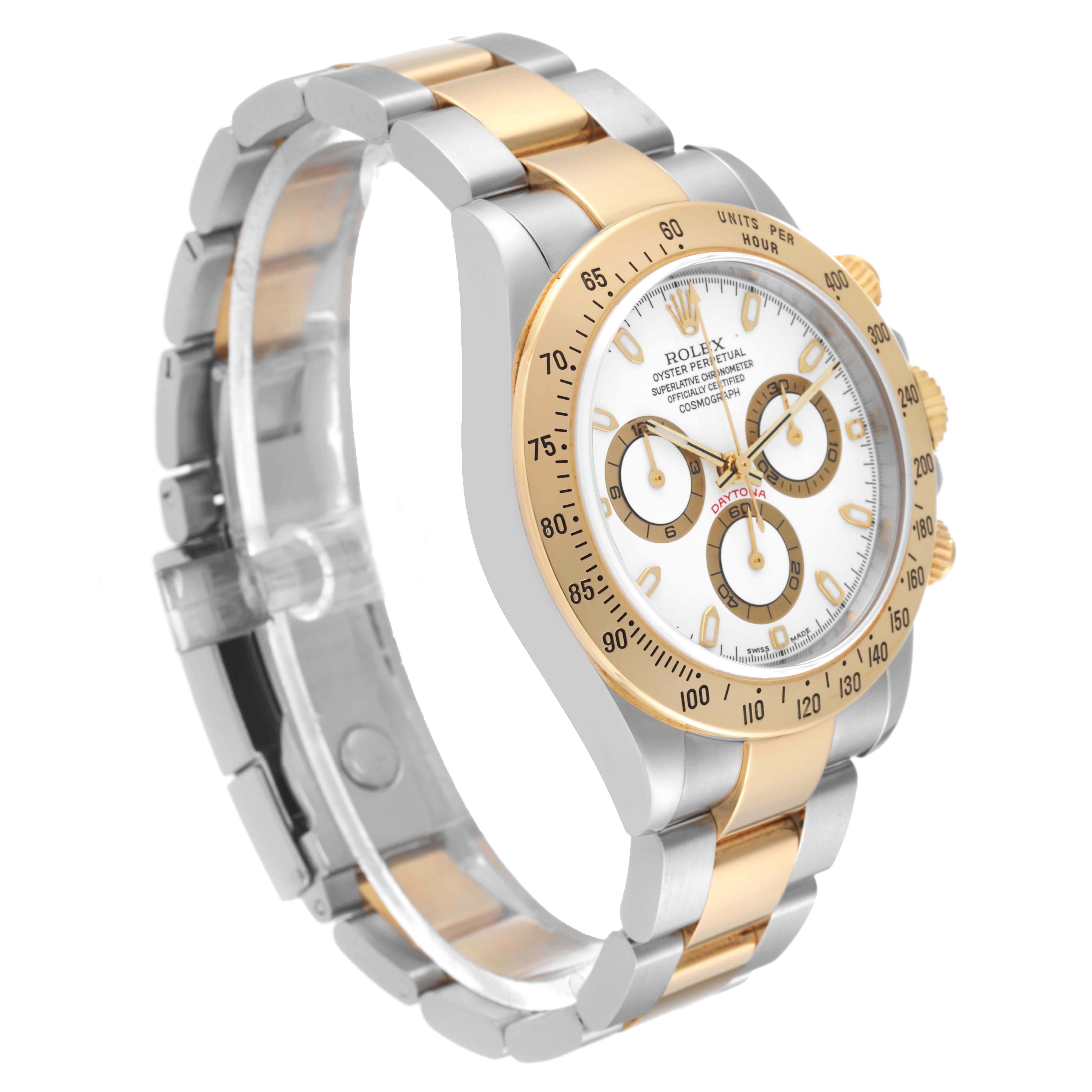 This side-angle view of the Rolex Daytona 116523 Men's Steel and Gold (two tone) White Dial 116523 Men's Steel and Gold (two tone) White Dial shows the bezel, dial, crown, pushers, and bracelet.