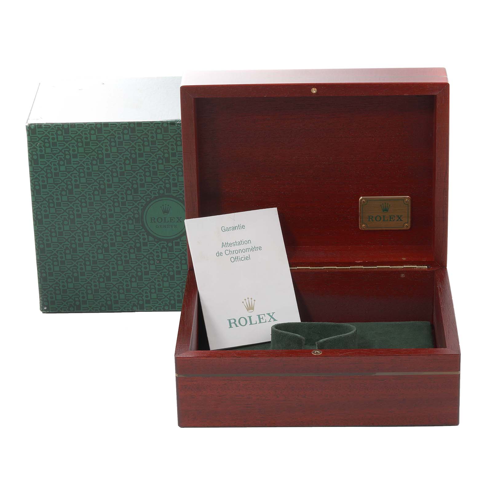 The image shows an open Rolex Daytona 116523 Men's Steel and Gold (two tone) White Dial 116523 Men's Steel and Gold (two tone) White Dial wooden watch box with a green outer box and a warranty booklet inside.