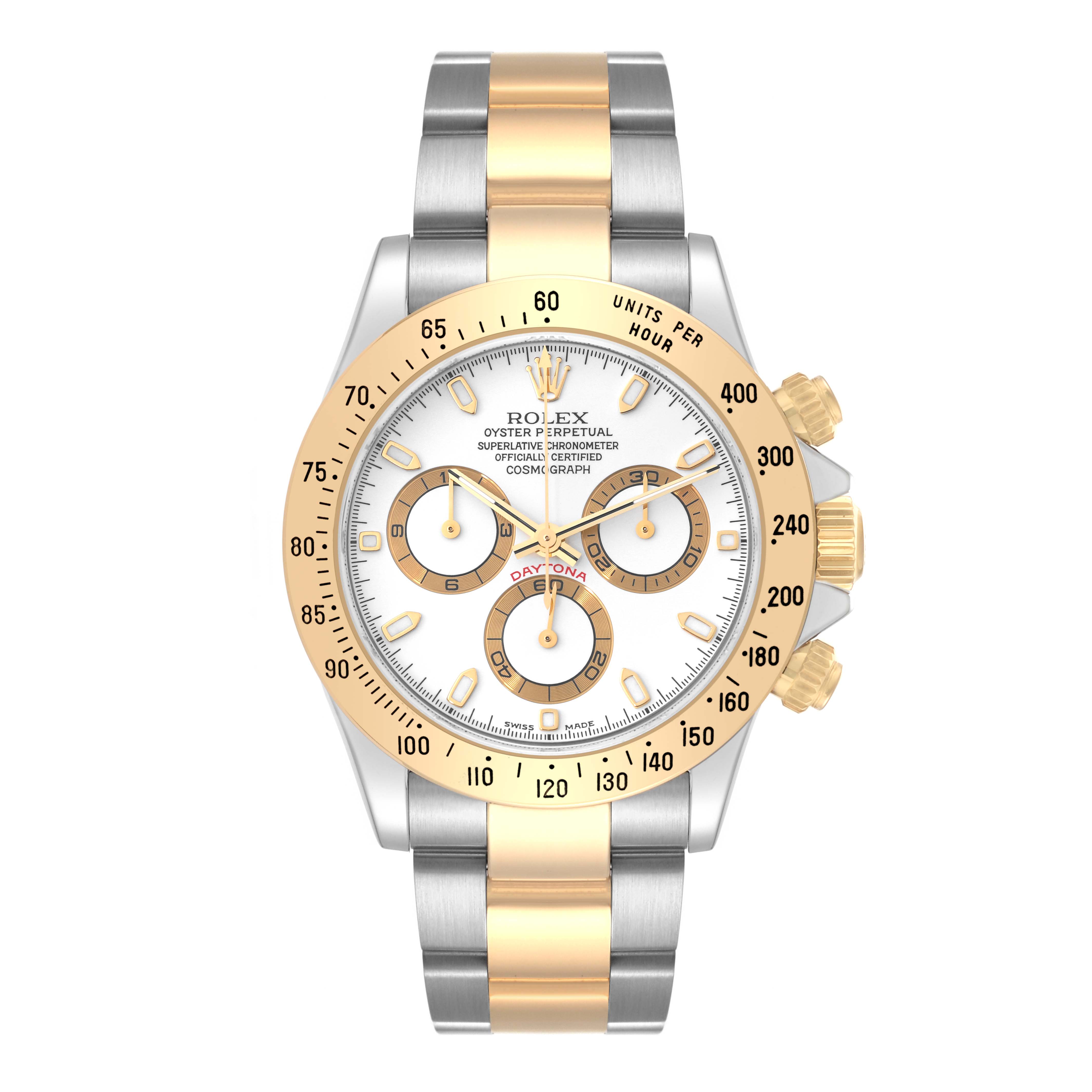 The Rolex Daytona 116523 Men's Steel and Gold (two tone) White Dial 116523 Men's Steel and Gold (two tone) White Dial watch is shown from the front, featuring its dial, bezel, and bracelet.