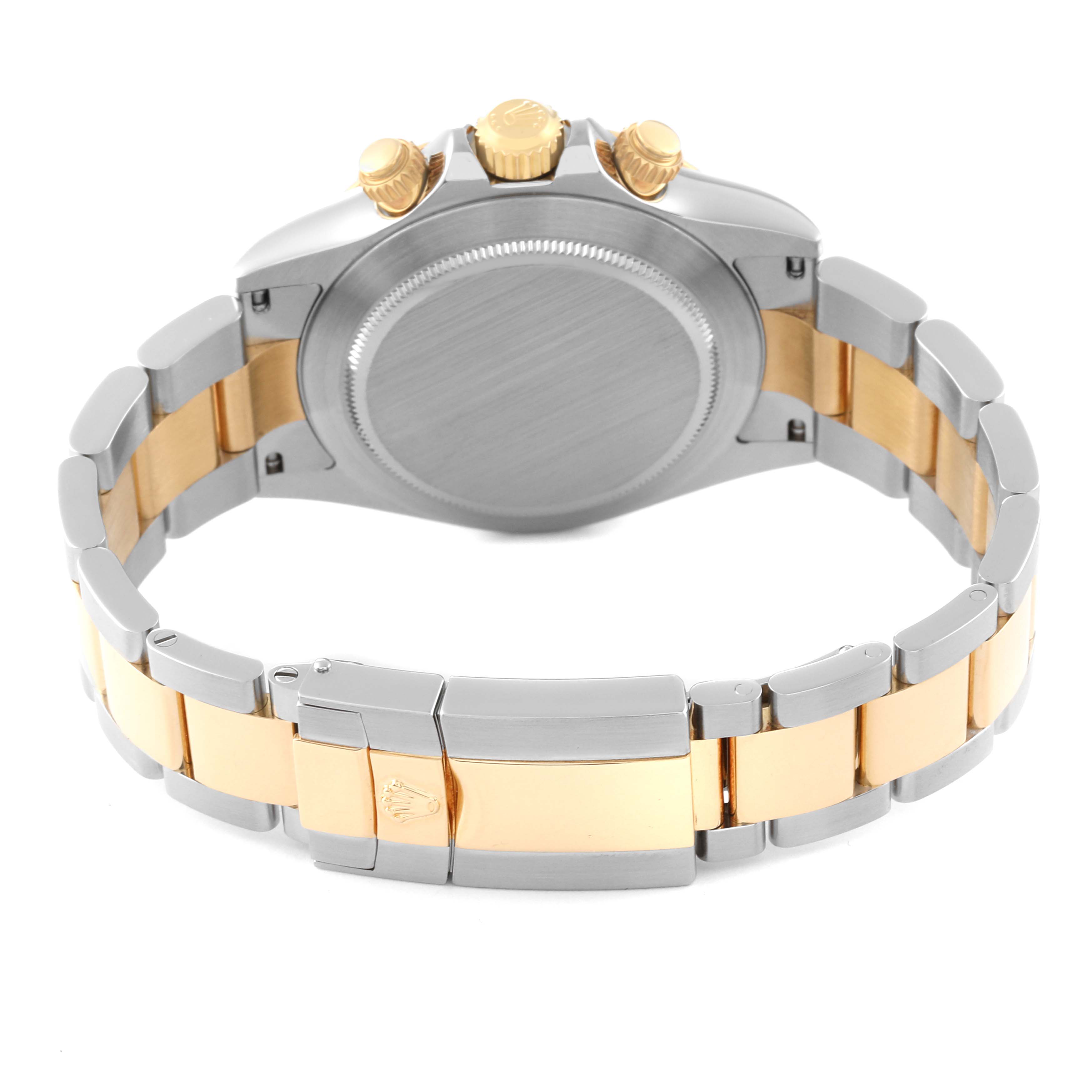 The image shows the back case, crown, and clasp of a Rolex Daytona 116523 Men's Steel and Gold (two tone) White Dial 116523 Men's Steel and Gold (two tone) White Dial watch, highlighting the two-tone metal bracelet.