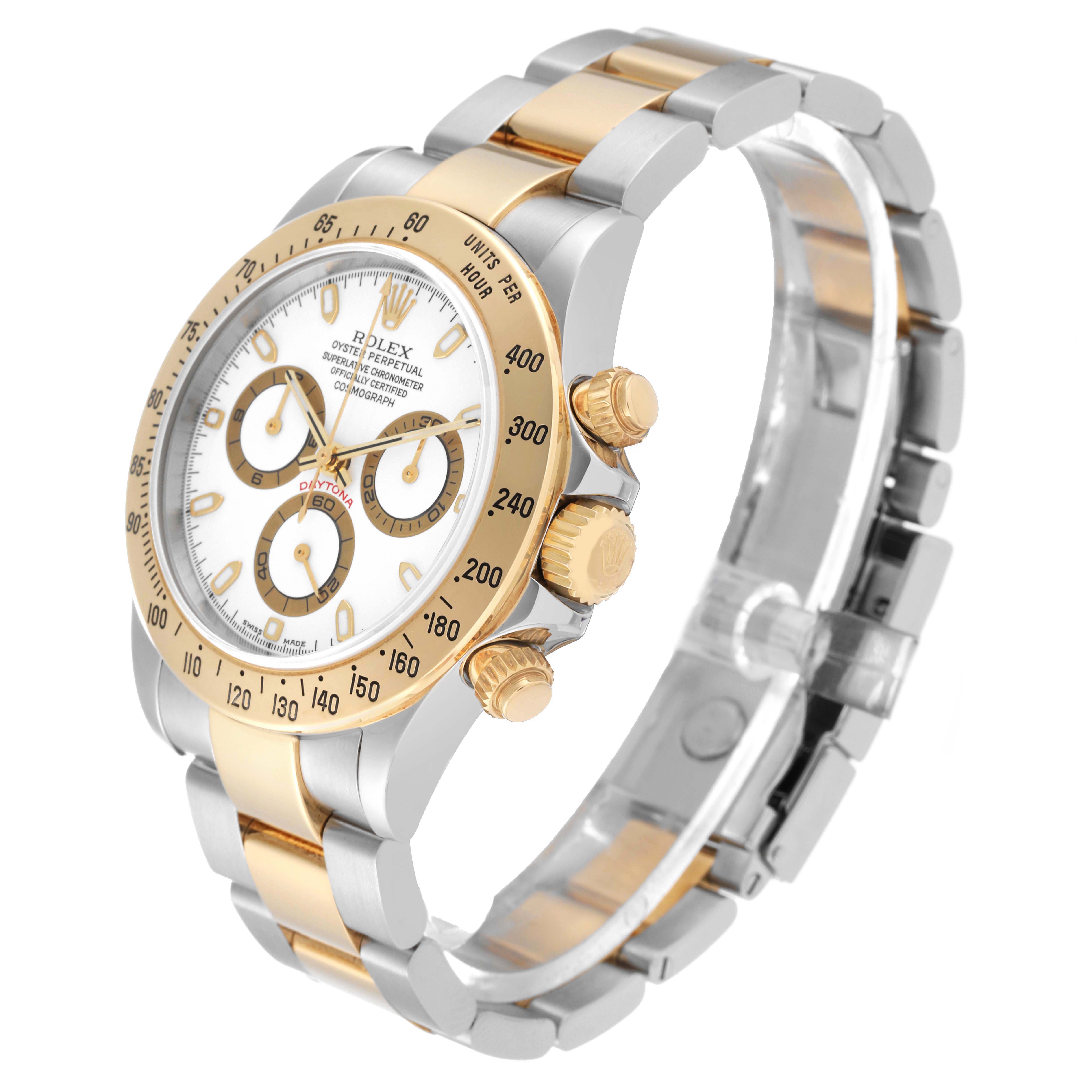 The image shows a side angle of a Rolex Daytona 116523 Men's Steel and Gold (two tone) White Dial 116523 Men's Steel and Gold (two tone) White Dial watch, highlighting its gold bezel, dial, push buttons, and two-tone bracelet.