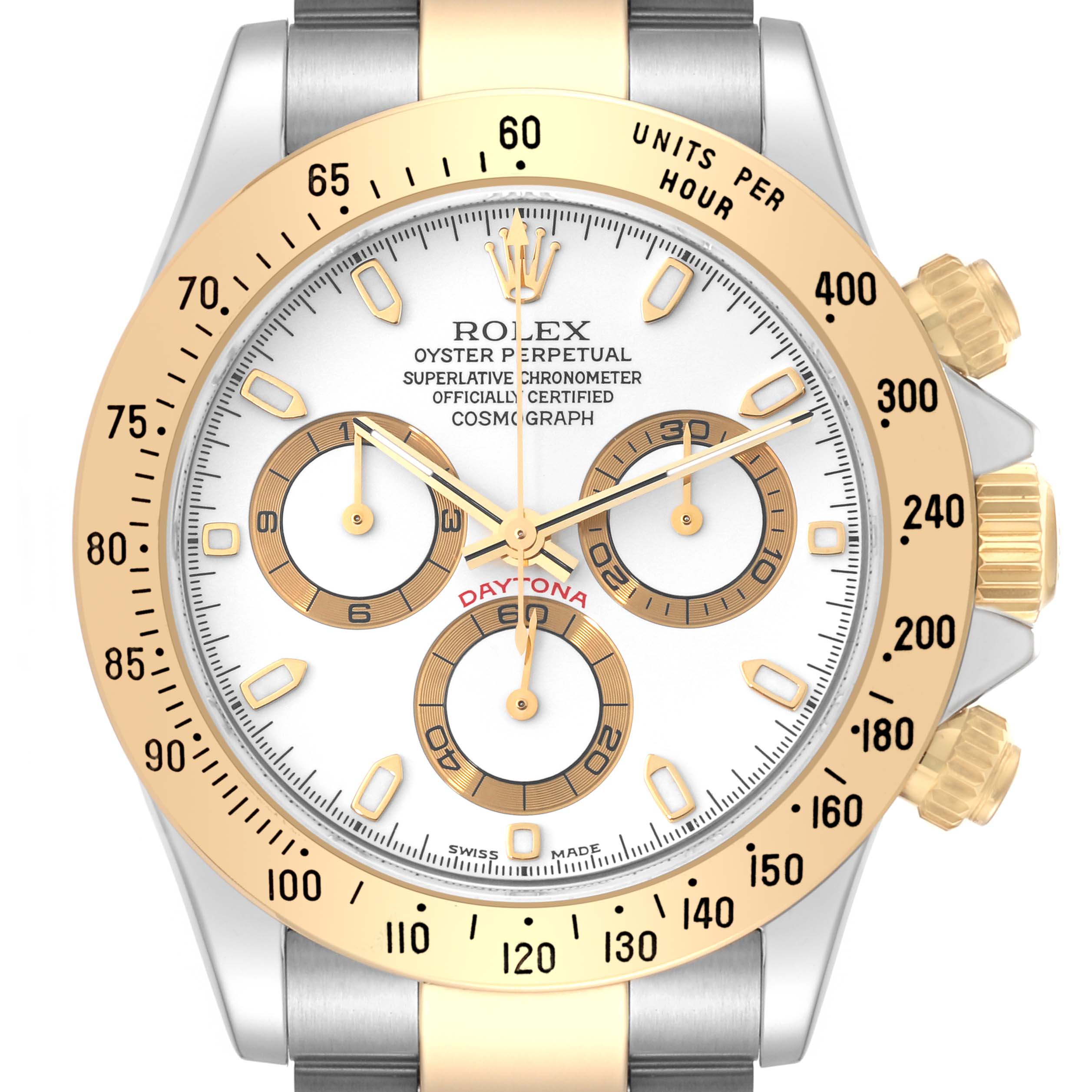 The Rolex Daytona 116523 Men's Steel and Gold (two tone) White Dial 116523 Men's Steel and Gold (two tone) White Dial watch is shown in a frontal view, displaying its dial, bezel, and a portion of the bracelet.