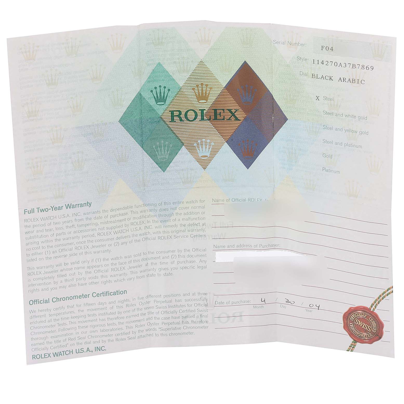 The image shows the warranty document and certificate for a Rolex Explorer 114270 Men
s Stainless Steel Black Dial 114270 Men
s Stainless Steel Black Dial model watch, including serial and model numbers.