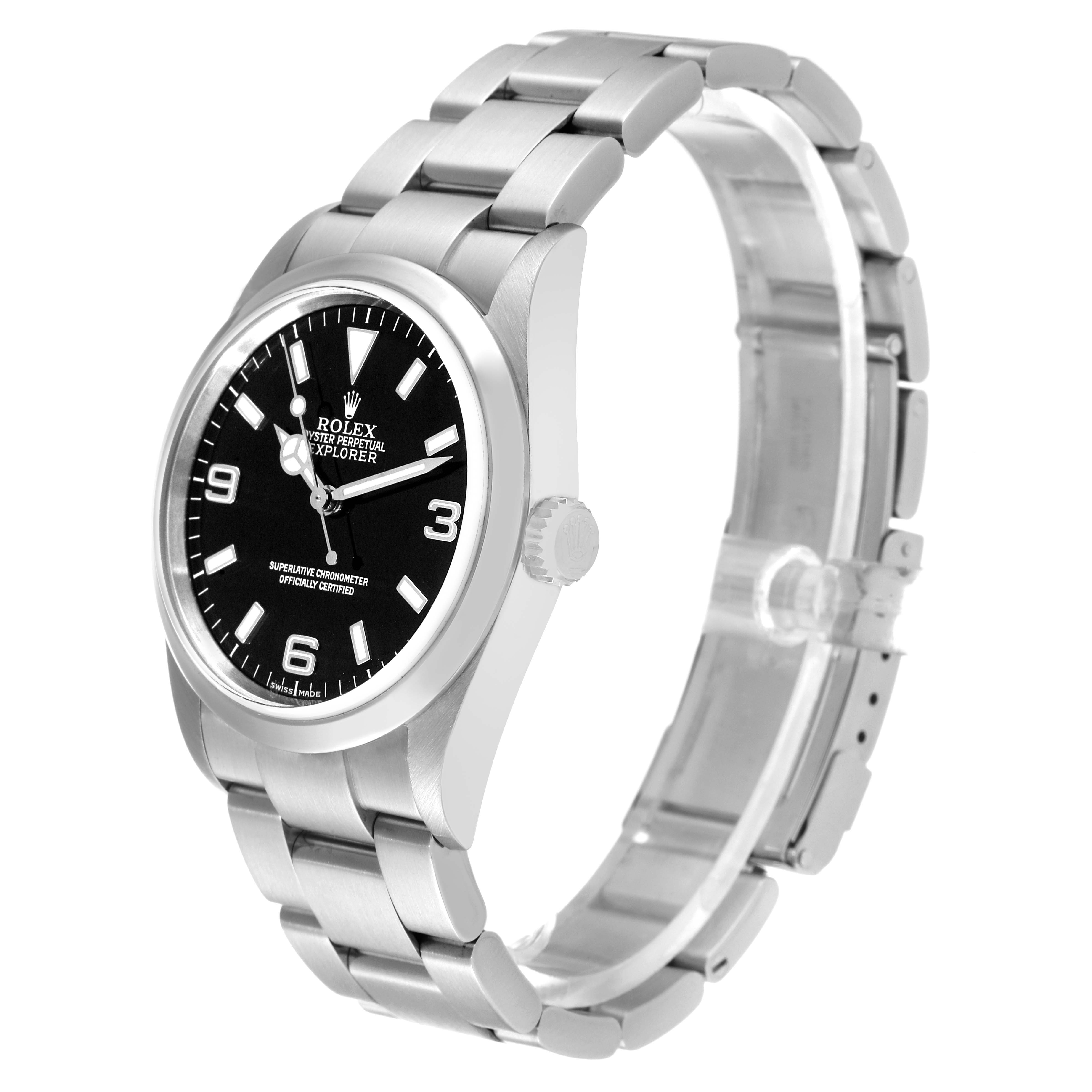 This image shows a side and front view of a Rolex Explorer 114270 Men
s Stainless Steel Black Dial 114270 Men
s Stainless Steel Black Dial model watch, highlighting the dial, case, and bracelet.