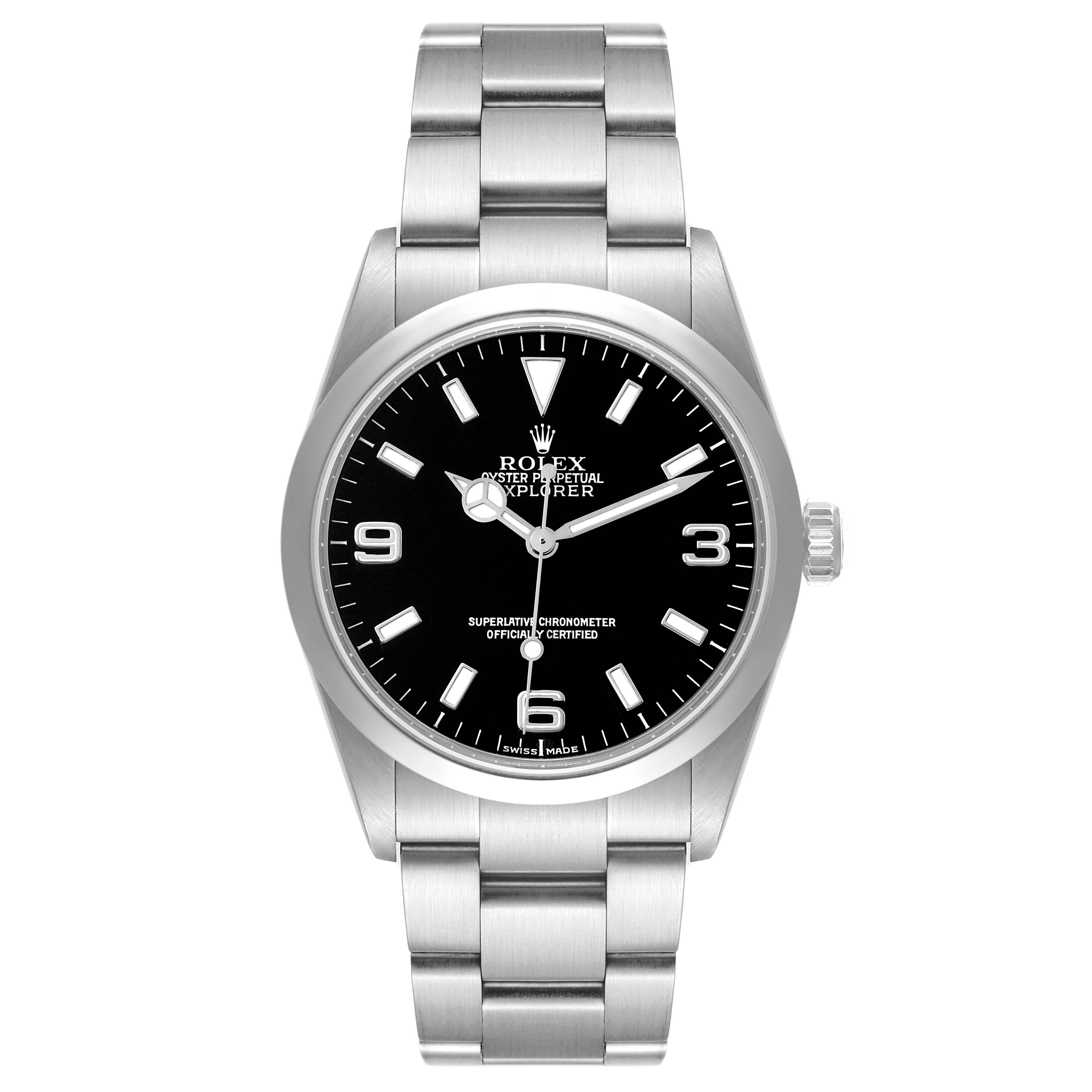 The image shows a front view of a Rolex Explorer 114270 Men
s Stainless Steel Black Dial 114270 Men
s Stainless Steel Black Dial model watch, highlighting the dial, bezel, case, and bracelet.