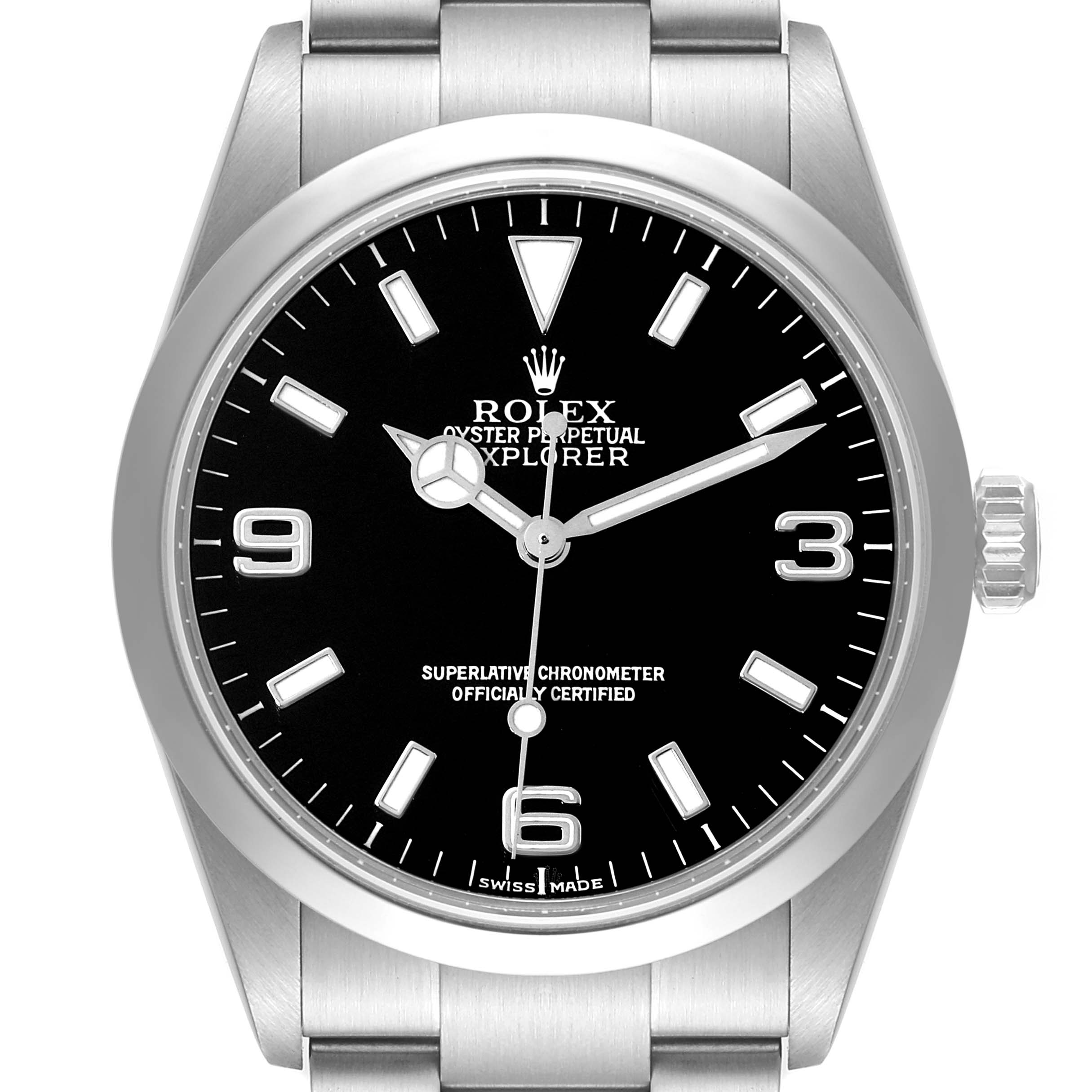 This image shows a front view of the Rolex Explorer 114270 Men
s Stainless Steel Black Dial 114270 Men
s Stainless Steel Black Dial watch, highlighting its dial, hands, indices, bezel, and part of the bracelet.