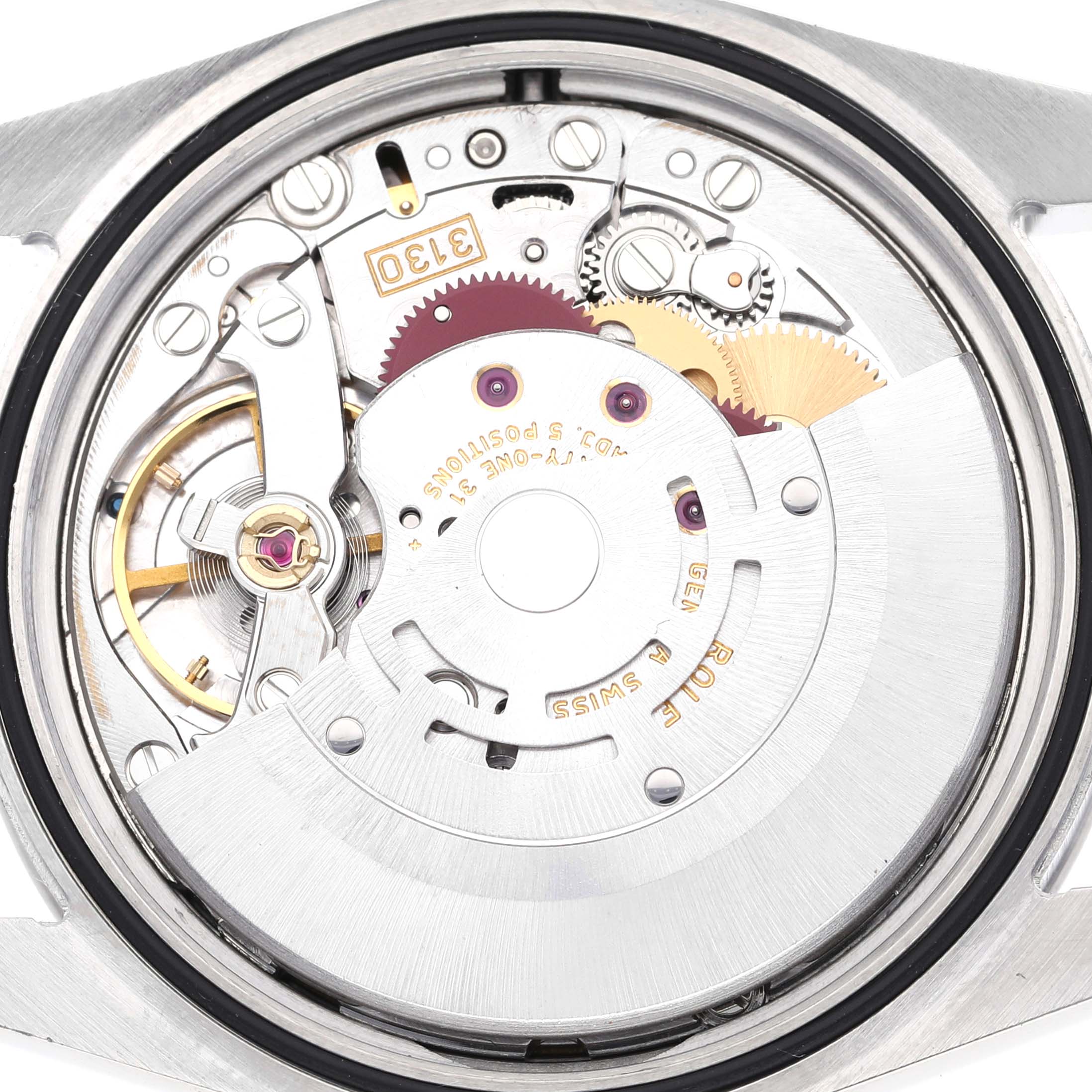 This image shows the intricate internal mechanism and components of a Rolex Explorer 114270 Men's Stainless Steel Black Dial 114270 Men's Stainless Steel Black Dial watch viewed from the back.