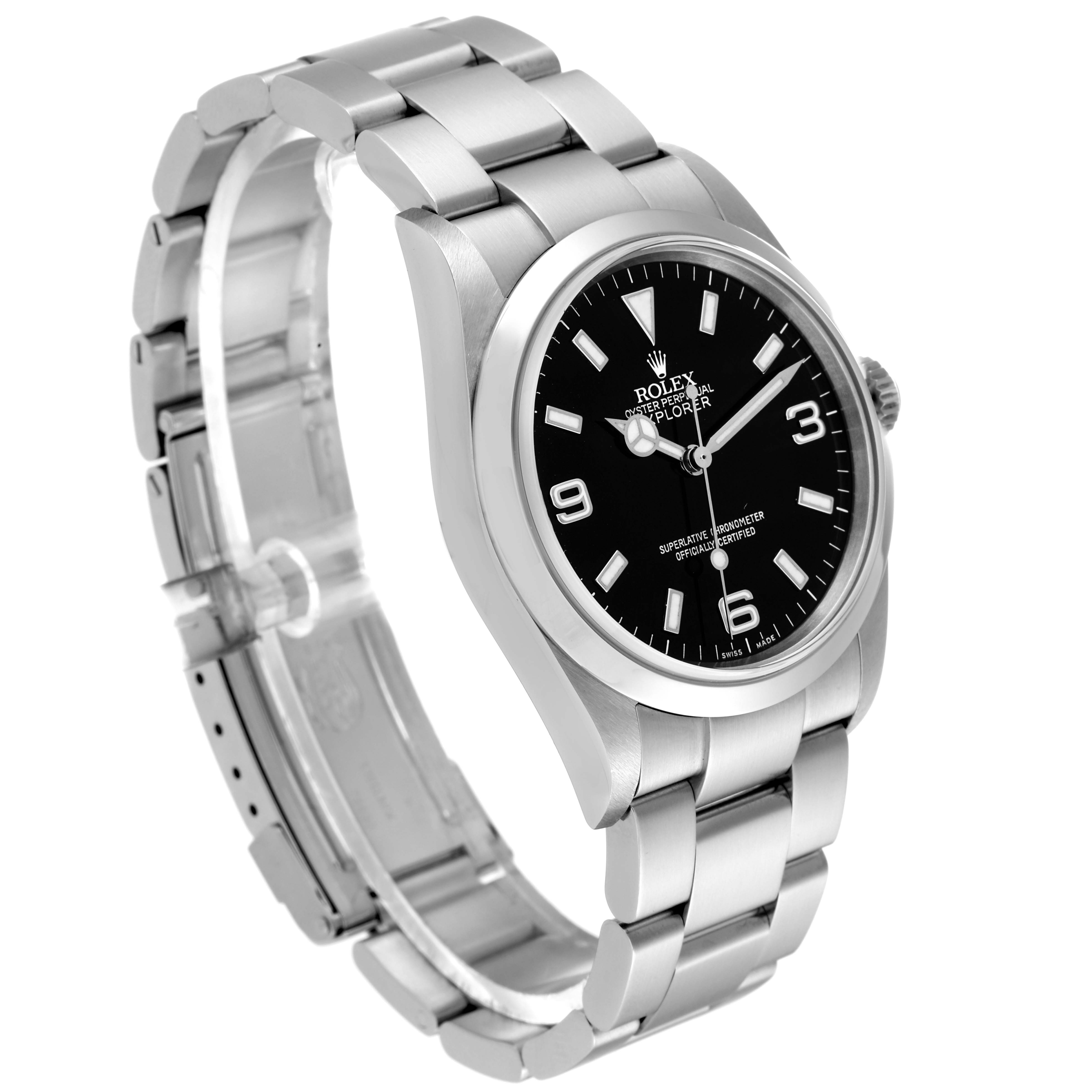 The Rolex Explorer 114270 Men's Stainless Steel Black Dial 114270 Men's Stainless Steel Black Dial watch is shown at a three-quarter angle, highlighting its face, bezel, and bracelet.