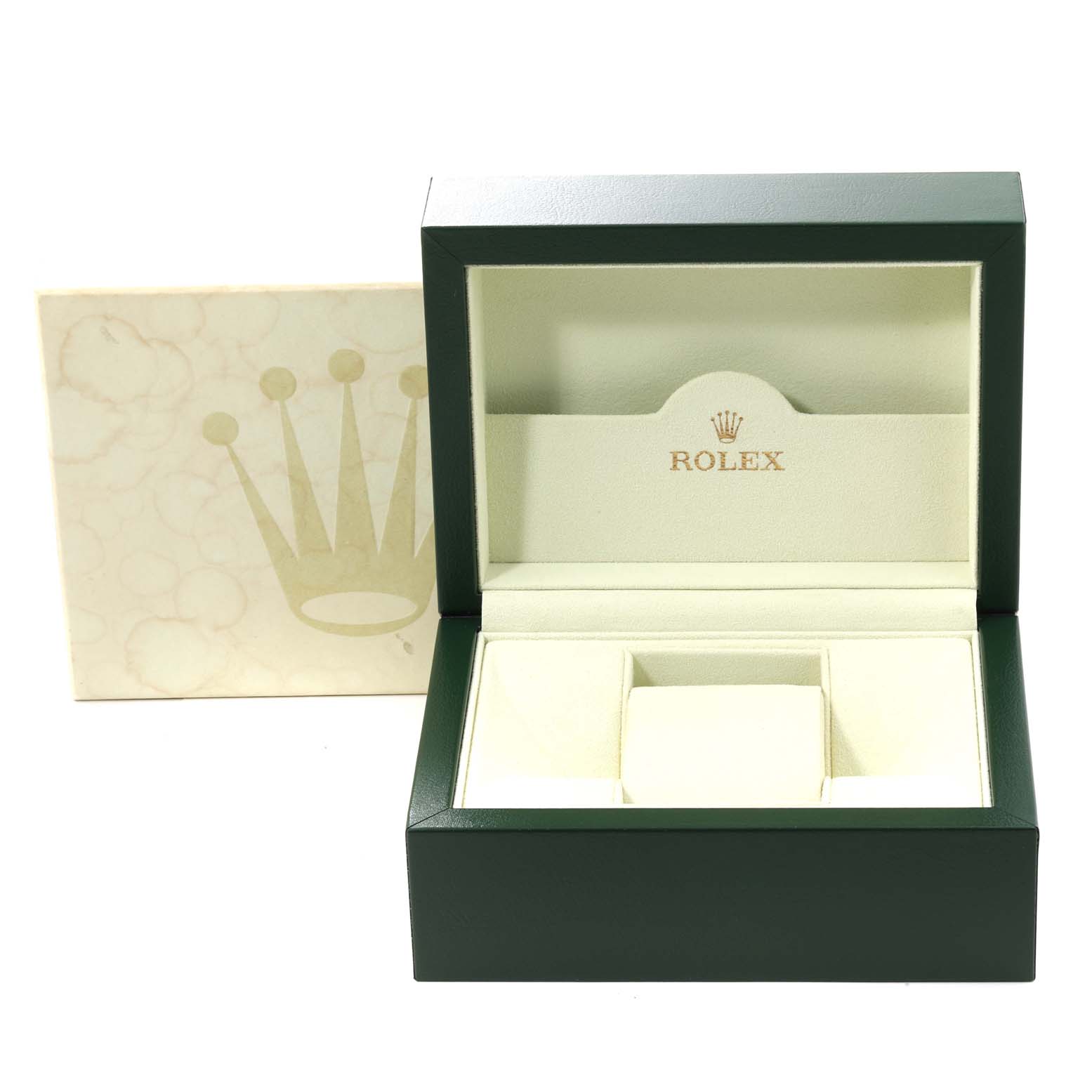 The image shows an open green and cream Rolex Explorer 114270 Men's Stainless Steel Black Dial 114270 Men's Stainless Steel Black Dial watch box with an embossed logo.