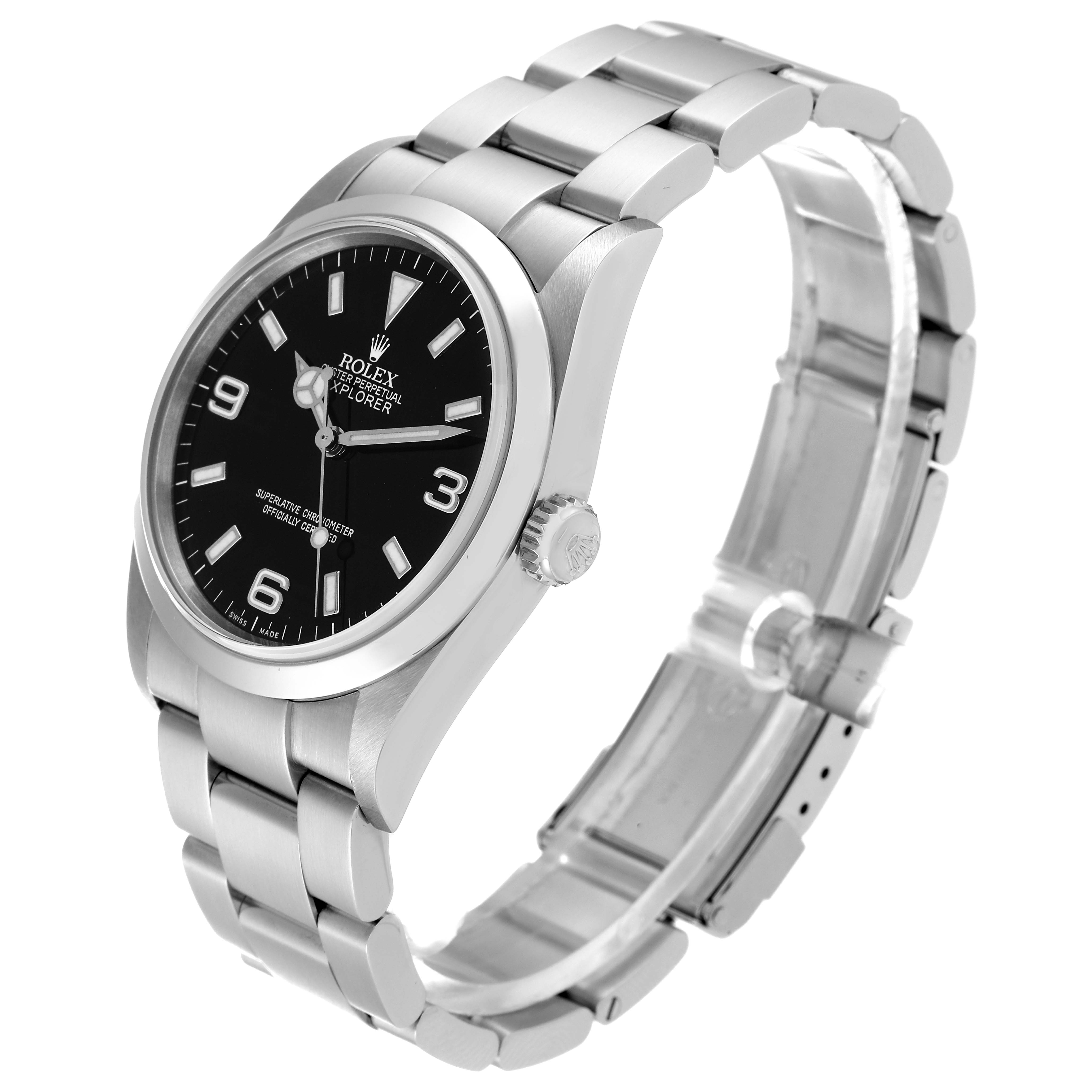 The image shows a side angle of the Rolex Explorer 114270 Men's Stainless Steel Black Dial 114270 Men's Stainless Steel Black Dial watch, highlighting its stainless steel bracelet and black dial.