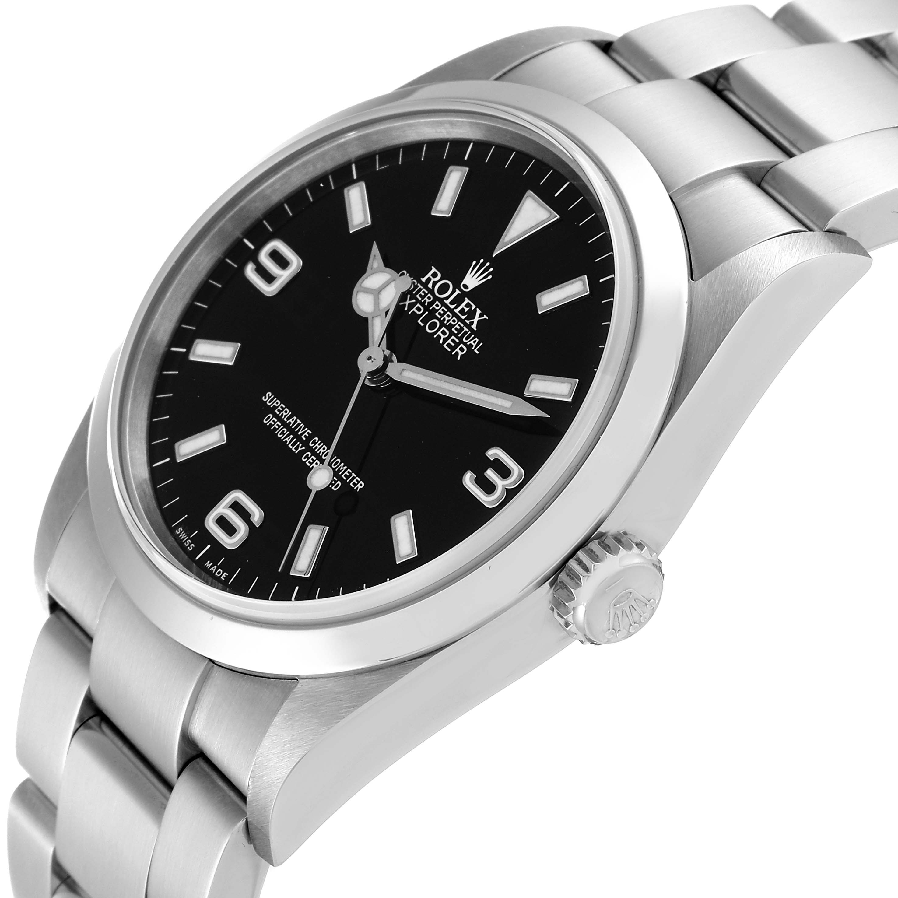 This image shows a Rolex Explorer 114270 Men's Stainless Steel Black Dial 114270 Men's Stainless Steel Black Dial watch from a side angle, highlighting the crown, bezel, dial, and part of the bracelet.