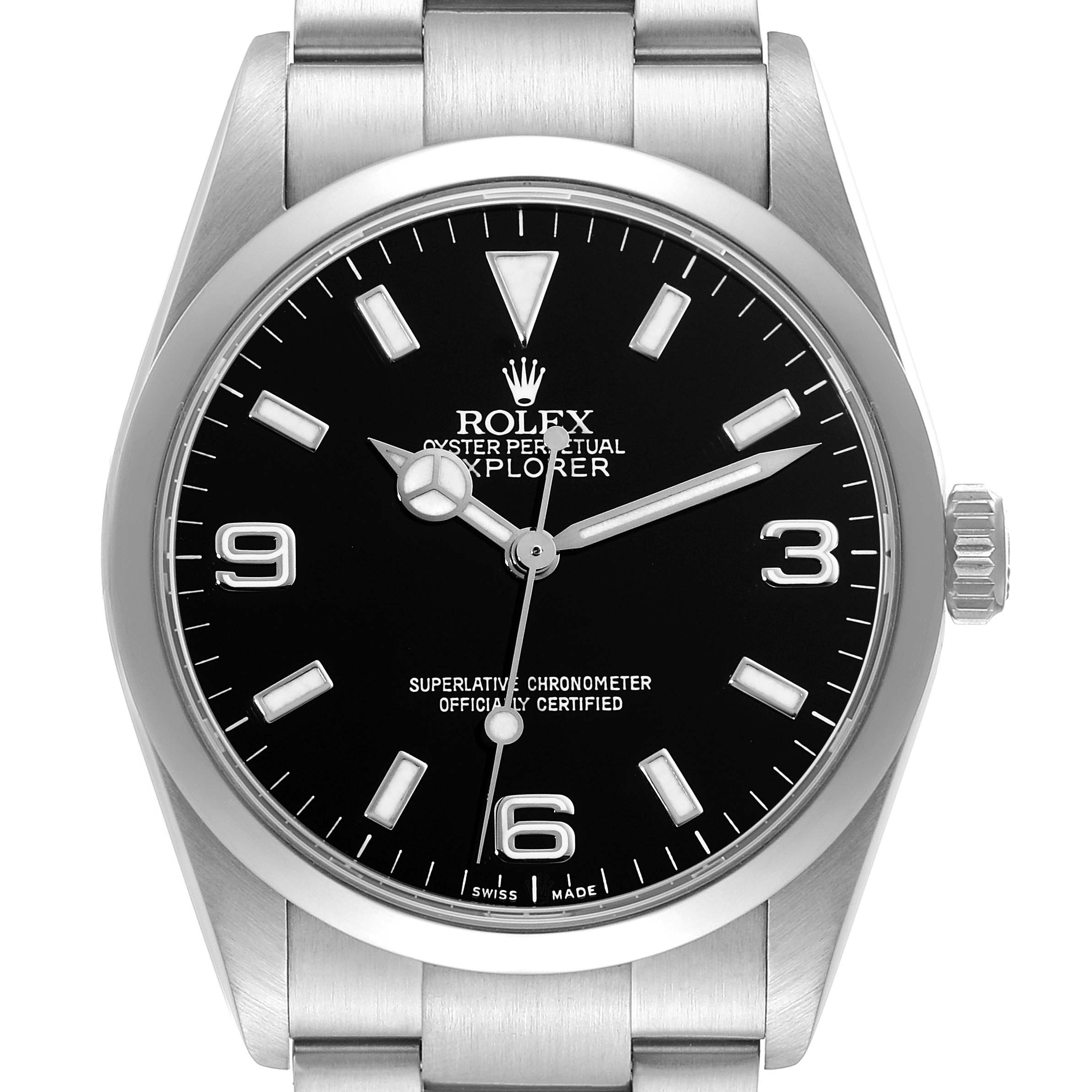 The image shows a front view of a Rolex Explorer 114270 Men's Stainless Steel Black Dial 114270 Men's Stainless Steel Black Dial watch, displaying its dial, hands, crown, and part of the bracelet.